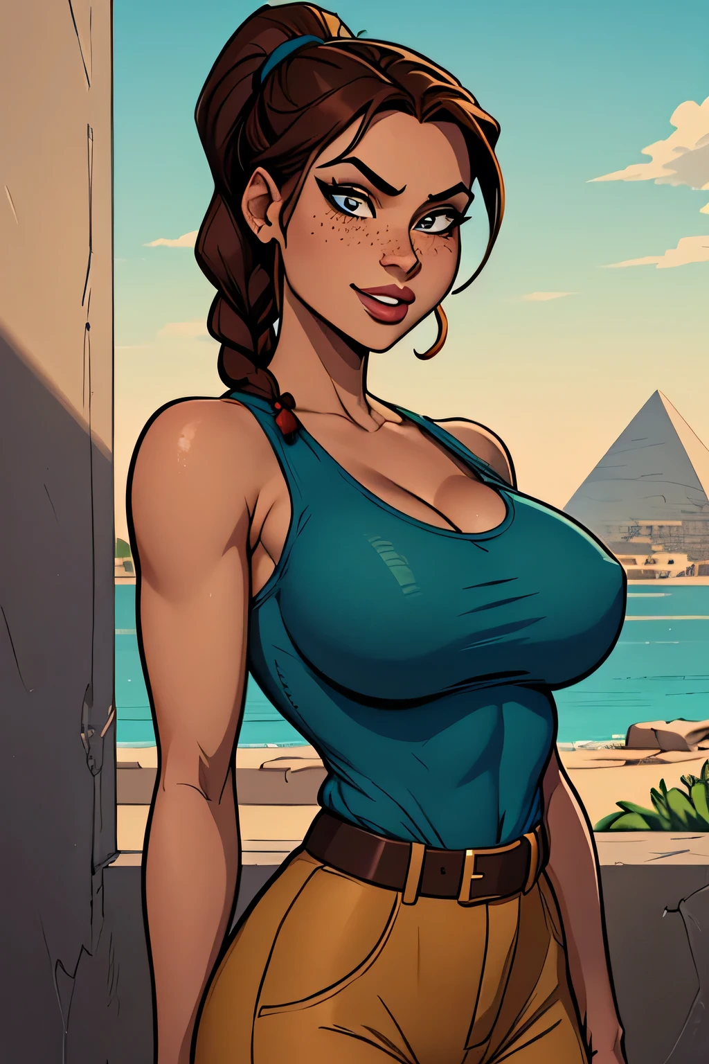 ultra-realistic 8K CG, masterpiece, ((ultra detailed background, fine drawing, intricate details, high detail, better quality fine details, hyper-detailed face)), (photorealistic: 1.4), beautiful lighting, absurdity, RAW photo, film grain, TyLee, 1girl, solo, brown hair, braid, smile, long hair, brown eyes, navel, (abs: 0.5), belly, braided tail, (leggings, chest bandages), (medium breasts, slim girl, wide hips, ass), ((complex detailed background, sand, outside, desert background, blue sky, tavern)), erotica,
