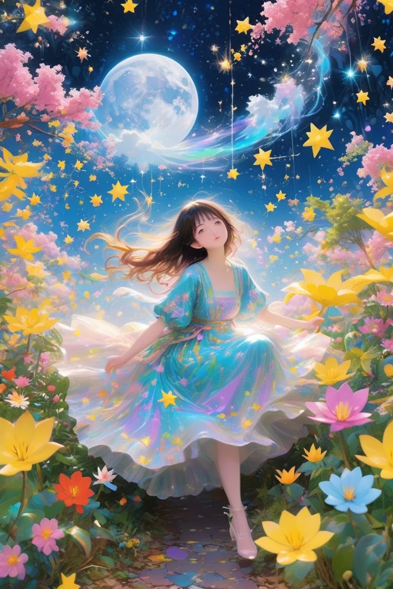 A cute woman (flowers in hair, airy sheer summer dress no underwear, barefoot) is lounging in a field of flowers, moonlit night, playful seduction