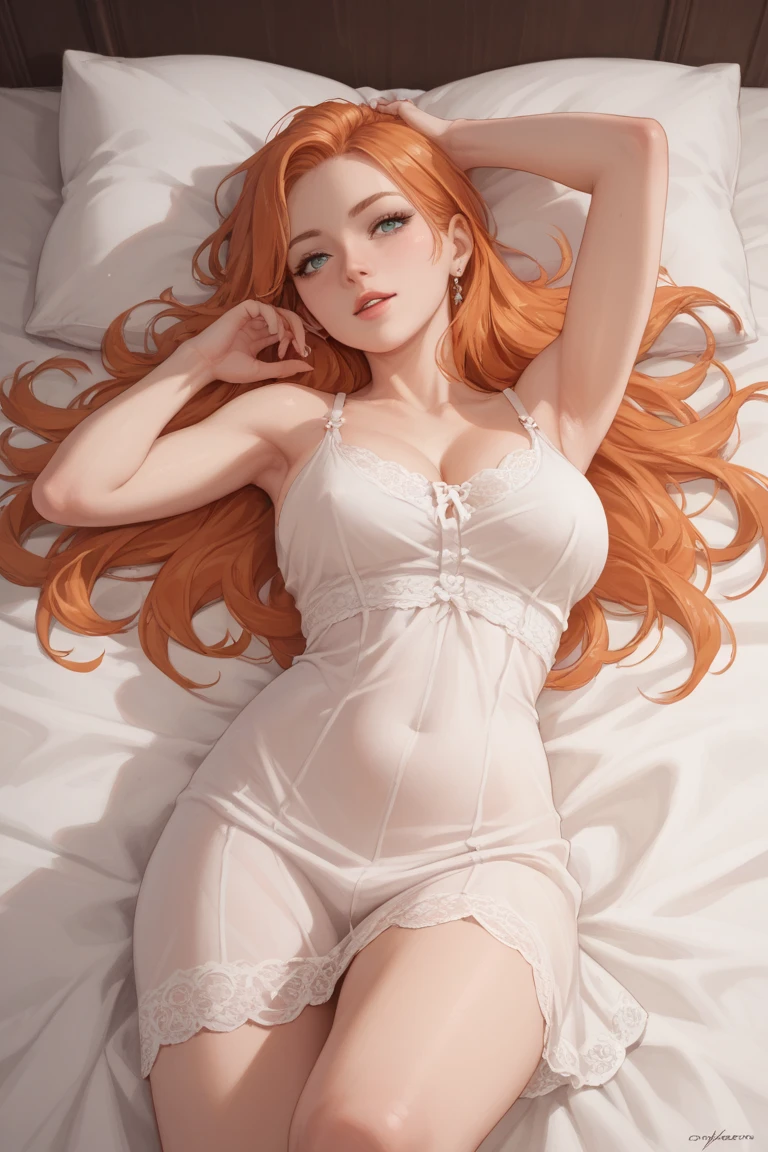 The upper part of the body、an oil painting、masterpiece、top-quality、hight resolution、Orange long hair、Orange long hair、Sleeping in bed、Naughty look、White and gray stripes々bra very、Button is disconnected、White and gray stripes々Panties、Bending legs、Female face、Hot face、A slightly troubled look、