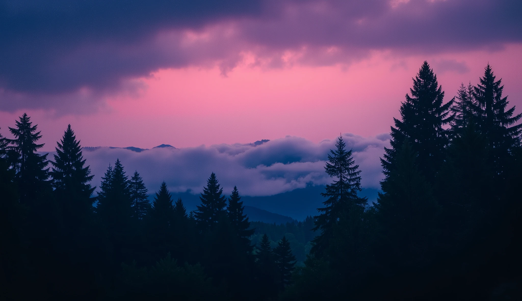 This photo captures an amazing, forest scene, fog at dawn or dawn. Dusk. This picture features a dense forest of tall trees, pine trees, dark green, , their shadows are sharp, contrasting with the amazing sky.. . The sky is a dark forest weaving image, , storm clouds in shades of dark purple, light blue, and indigo, , with pink and orange undertones lurking, indicates the transition from night to day or vice versa..