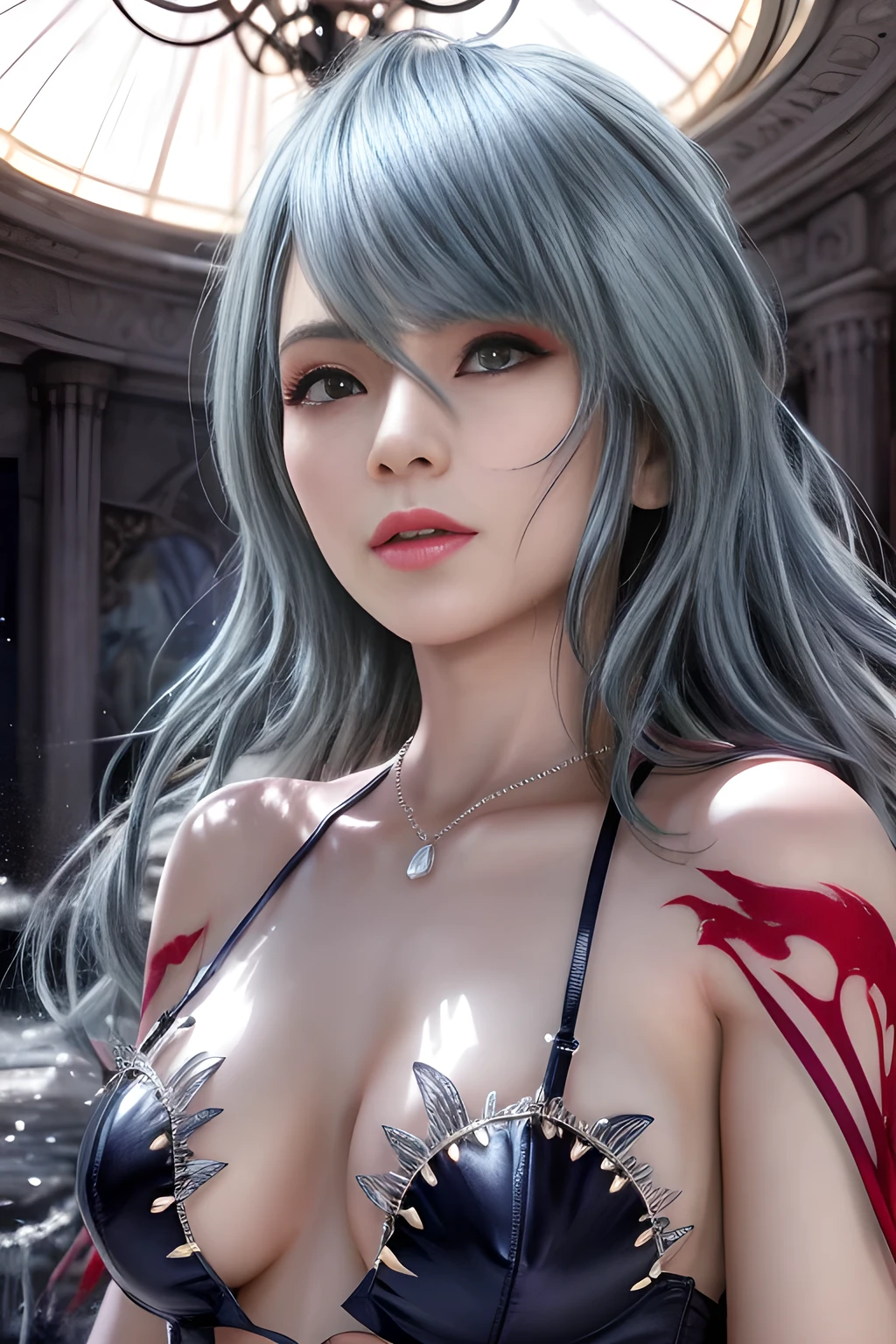 (UHD, retina, masterpiece, accurate, anatomically correct, textured skin, super detail, high details, high quality, best quality, high res, 1080P, HD, 4K, 8k, 16k), (beautiful detailed eyes, beautiful detailed lips, extremely detailed eyes and face), soft lighting, physically-based rendering, vivid colors, (large breasts:1.5), (portrait, shiny hair, shiny skin), eye reflection, (bokeh, dark background), (black color, dragon helmet, dragon wings, dragon tail, fog, silver hair:1.5), (tanned skin, red glowing eyes, parted lips:1.5),