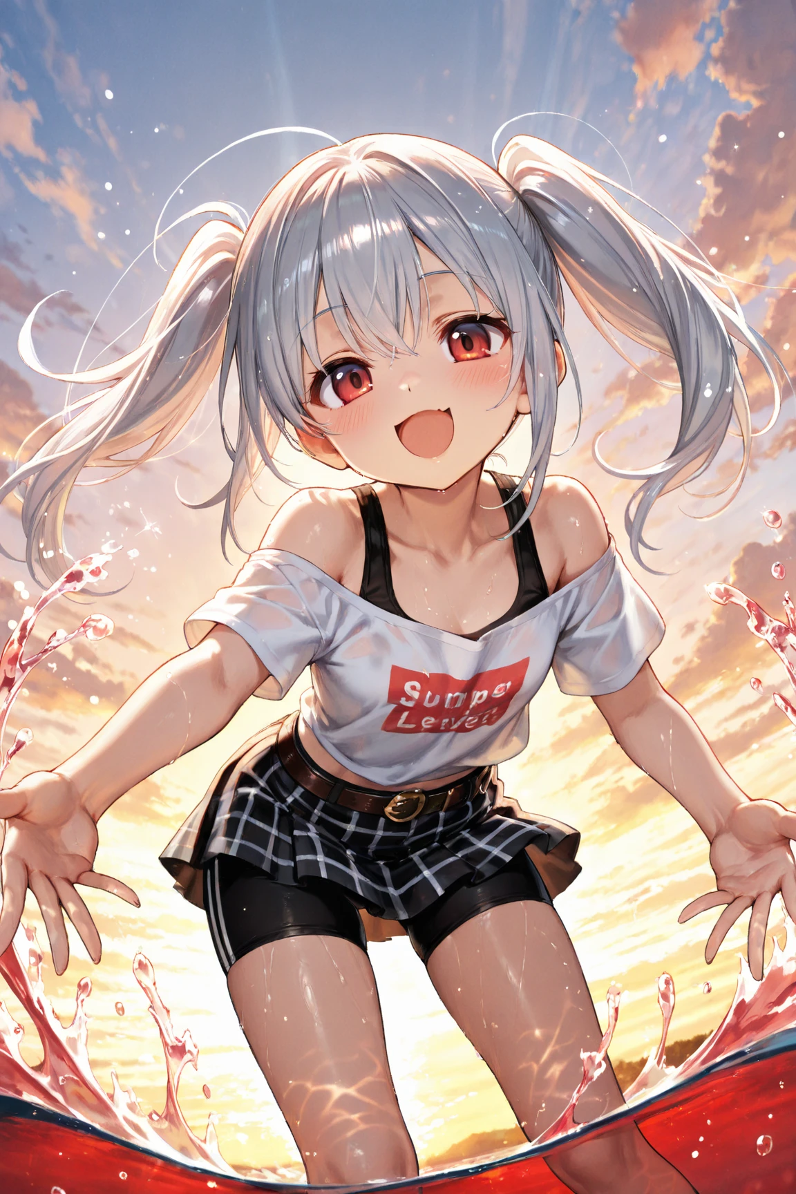 Create an image of a 15-year-old girl with wine-red eyes and silver hair styled in a ponytail. She has an energetic and joyful expression, as if she is hugging the viewer from the front. She is wearing a sporty outfit consisting of a sleeveless tank top and shorts, with a sweatband on her wrist. The background is a sunny park with lush green trees and a clear blue sky, giving a vibrant and lively atmosphere. Ensure the image captures her playful and active nature, with high-quality and very detailed elements.