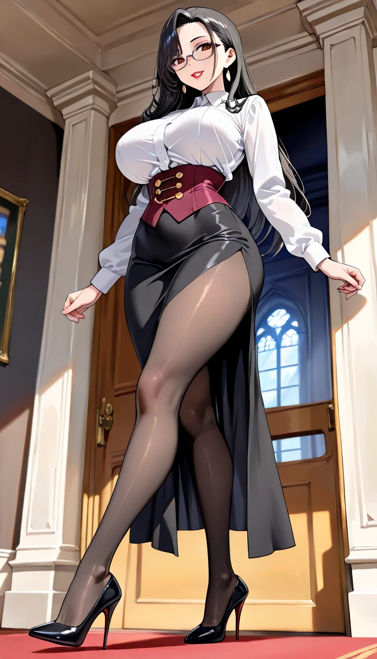A adult woman, half cat, wide breasts, brown eyes, wearing a white and black dress, red stockings, and standing, and very sexy
