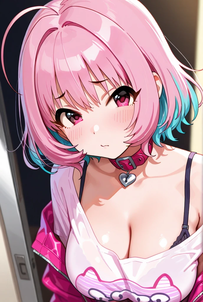 minamikotobuki\(oshinoko\), 1girl (masterpiece) (best quality)(shiny hair)(shiny skin)(shiny skin), 1 girl, solo, short hair, boob curtain, under boobs, upper body, bikini, presenting armpit, bare shoulder, collar bone, mole, arm up