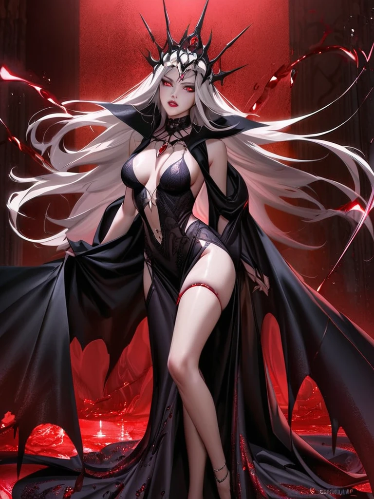 Lady_Death, 1girl, solo, long hair, breasts, looking at viewer, large breasts, thighhighs, gloves, navel, cleavage, underwear, yellow eyes, grey hair, midriff, cape, nail polish, lips, fingernails, makeup, glowing, colored skin, garter straps, lipstick, fishnets, glowing eyes, halloween, jack-o'-lantern, red lips, magic, pumpkin, EarthPorcelain, <lora:Ladydeath:0.8>