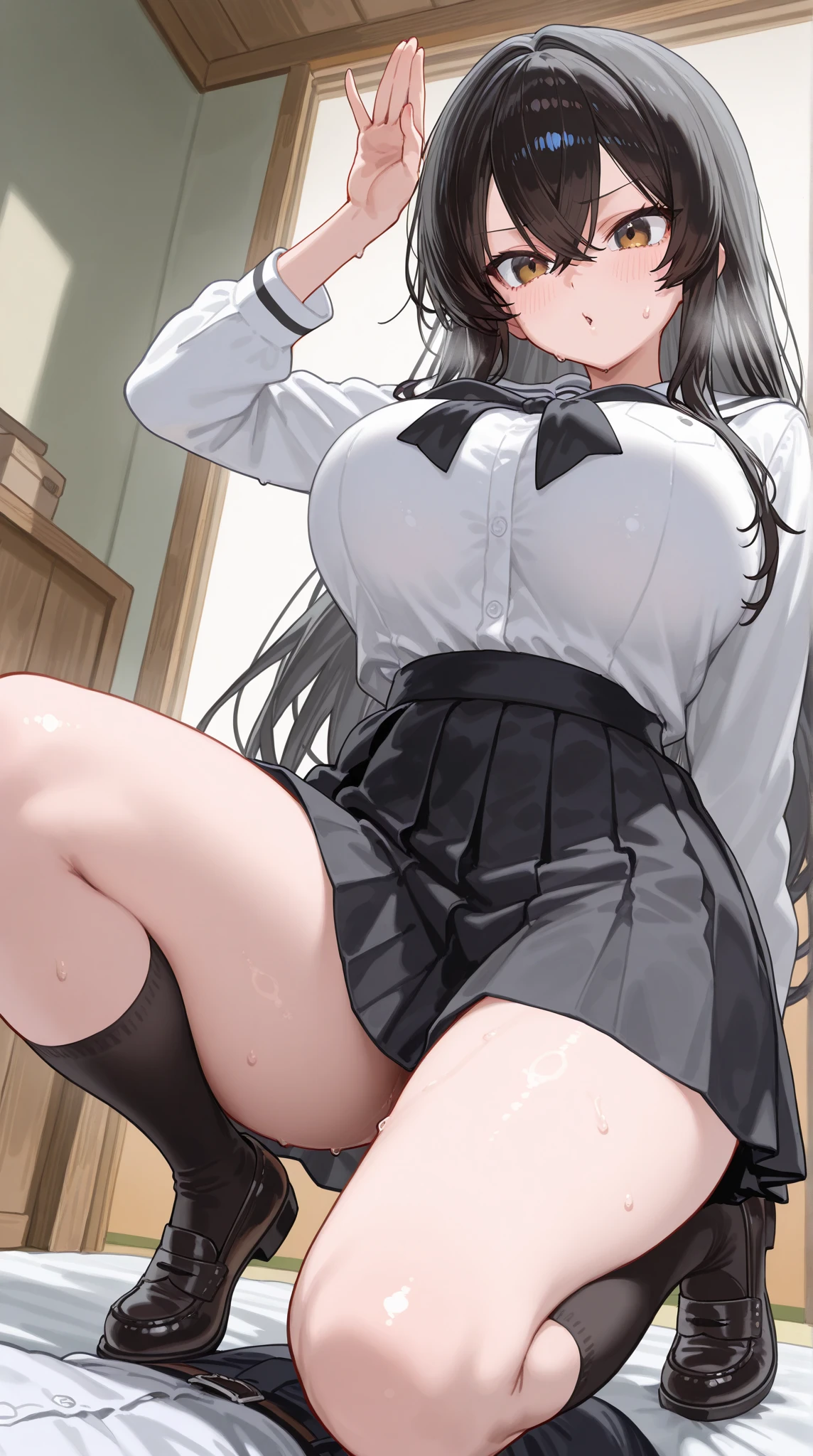 from below、best quality、high resolution、((touch pussy))、(erect nipples)、(see through)((pantyhose))nsfw、((pussy juice))、cum on body / bukkake、excessive cum 、clothed、1girl、Long black hair、((school uniform))、Big breasts、Sit on the bed、spread legs、aroused、skirt lift、see through、wet