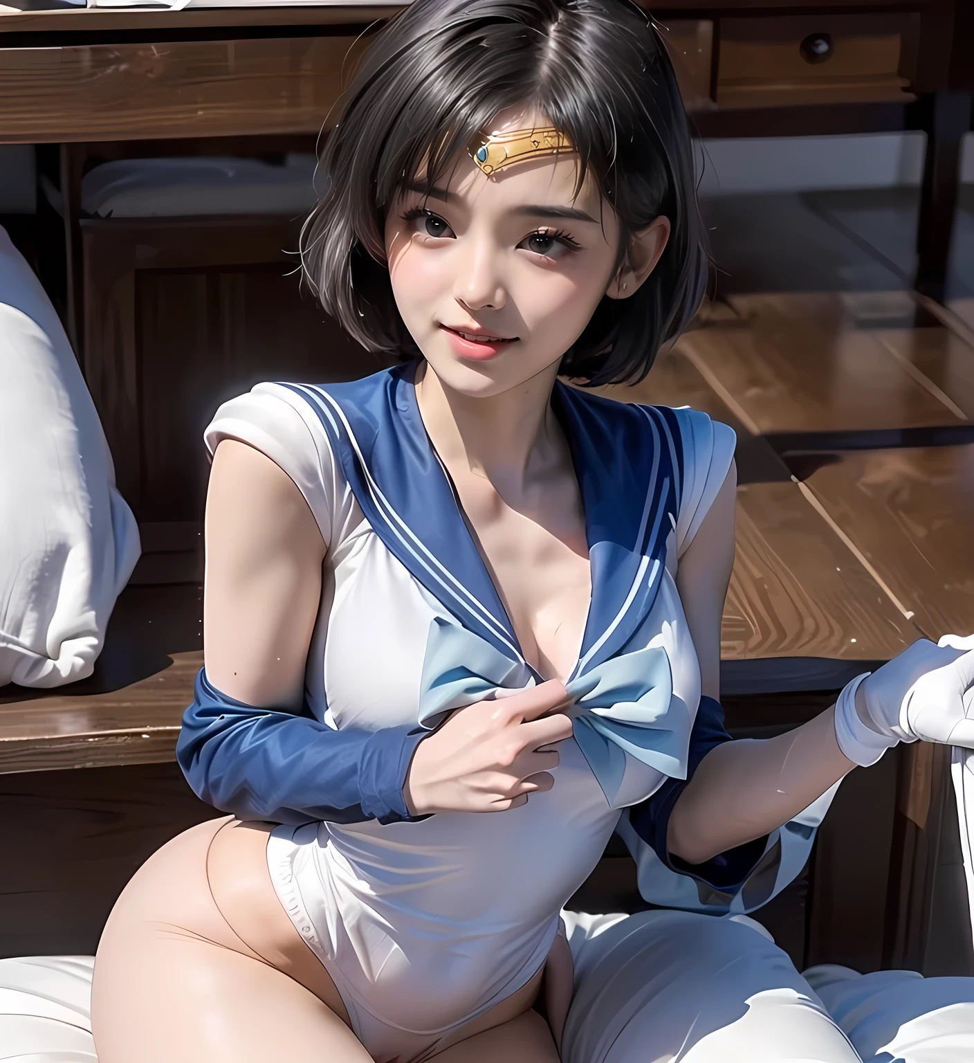 (((Sailor Mercury))), Bluish short hair, blue elbow pads White long gloves, (Sailor Warriors Sailor Warriorsのコスチューム:1.47), (The leotard is white:1.7), Blue collar, Sailor Warriorsの胸リボン, The costume is tight against the skin, middle School girls, (blush), ((Slender figure Beautiful Skin)), Highest quality, High resolution, masterpiece, (Beautiful vagina), (With a 30-year-old mafia man, penis:1.4), Complete limbs, (Mating press:1.2), 1 Beautiful Girl, ((((penis enters vagina)))), (Beautiful crotch), Spread your legs, ((Binding, Restrained by rope:1.4)), Sailor Warriors fuck a guy fully clothed, (((Such a cute little face)))