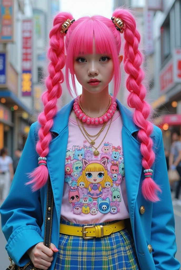 photorealistic,(4k,masterpiece, best quality,ultra highres),
1girl,cute,teen,kawaii,(random color hair,multicolored hair:1.2),(harajuku-style decora punk fashion:1.5),(girl with layered colorful clothing:1.3),(multiple hair clips),knee-high socks with different patterns),carrigyng a pulshie,standing at harajuku street,dynamic angle,(cowboy shot:1.0),happily,pose,BREAK.beautiful detailed face,shiny skin, eyes with large brown irises, small mouth, fresh lips, tall , nose blush, medium breasts,candy,