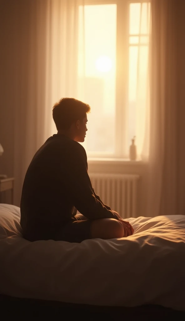 A man, sitting on a bed, the light of the evening falling from a window onto the