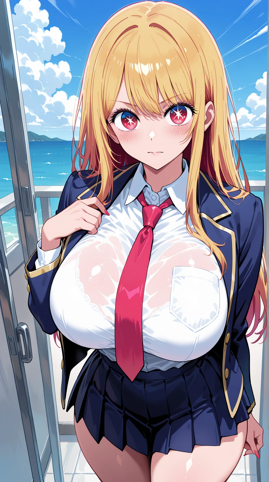 schoo uniform,gigantic breasts,bursting breasts,open shirts,pink bra,popped_button