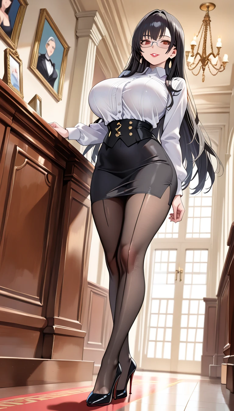 tall brown hair teacher with glasses in see through blouse, short skirt, stockings, heels, and lacey bra
