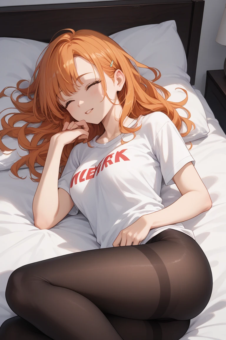 1girl,solo,super detailed skin,shiny skin,natural smile, ,eyelashes,lips gloss,red hair,long hair,parted bangs ,large breasts ,oversized t-shirt,half pant,nigh living room ,masterpiece,best quality,ultra detailed,high resolution,sharp focus