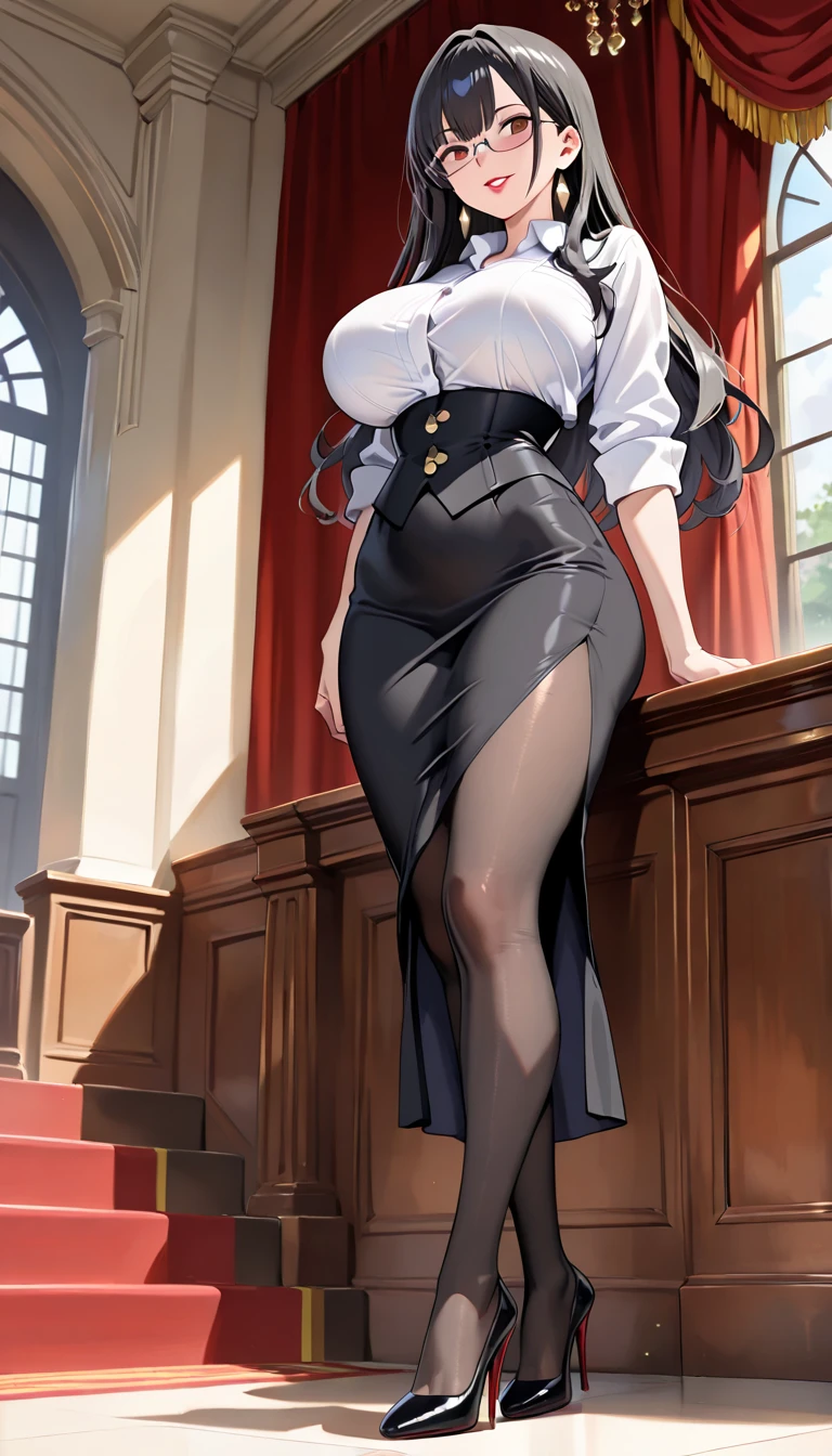 Full body photo of beautiful sexy secretary wearing very short skirt and seamed stockings, Standing accurately, ((Solitary)), aldult, in office, High heel, Desire for big breasts, Sweating,Cleavage,Cleavage