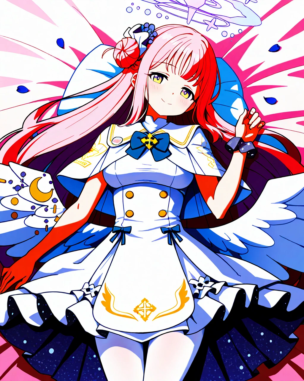 (score_9,score_8_up,score_7_up),1girl,highres,mika_\(blue_archive\),white_wings,feathered_wings,hair_flower,large_breasts,angel_wings,white_dress,low_wings, super glaring eyes, open mouth, menacing, blazing clothes, deserted, dripping_blood_from_eyes, scorched earth, red sky, looking at viewer