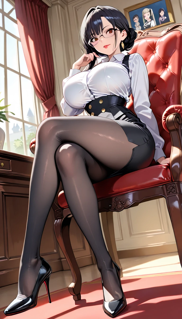 masterpiece, absurdres, best quality, ultra detailed, high Resolution, detailed illustration, extremely beautiful detailed face and eyes, Delicate beautiful face, bright colour, 1girl, cute face, brown eyes, sparkling eyes, medium breasts, (perky breasts:1.1), (pointy breasts:1.1), medium hips, glamorous body, white skin, BREAK, long bob cut, (blonde hair:0.8), messy hair, detailed hair, shiny hair, BREAK black business suit, white gloves, tiny ribbon, meeting room, sitting, chair, real world, natural lights, perfect lighting