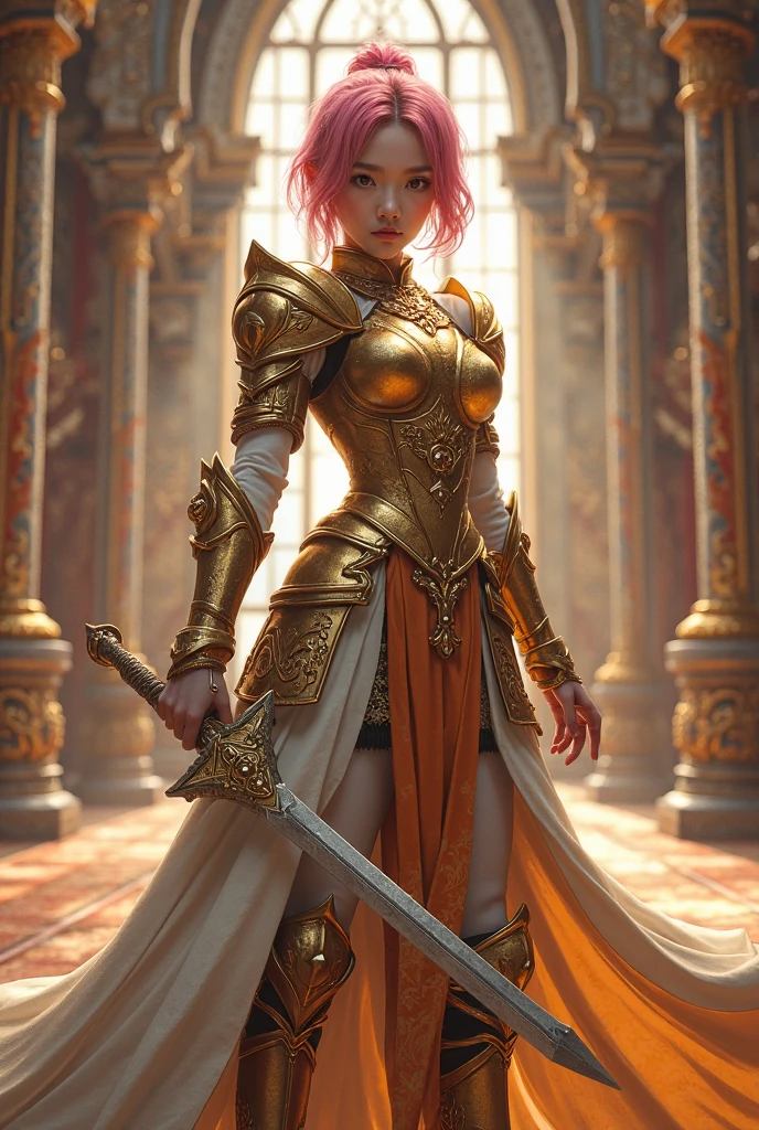 Woman with curly pink hair wearing a bronse armor dress with neckline and walking through the maze towards the screen, unreal engine render + uma deusa, 3D rendering 8K character art, Fantasy Style 8k Octane Rendering, deusa egipicia, ......3d, (octan render) estilo fantasia, fantasy incredible ..3D-rendering, deviantart artstation cgscosiety, elegant cinematic pose, olhos lilas simetricos eultrarealistas, rosto perfeito, symmetrical nose, orelhas simetricas, pes simetricos e ultradetalhados, corpo inteiro simetrico de deusa, labios simetricos e carnudos com batom vermelho, pele clara perfeita suave e delicada, camaninhanco towards the screen, olhar voltado para a tela, leve sorriso sedutor simetrico, gold bracelets with ruby stones on the arms, vestes de rainha egipicia com decote, hands with 5 symmetrical fingers, rosto perfeito