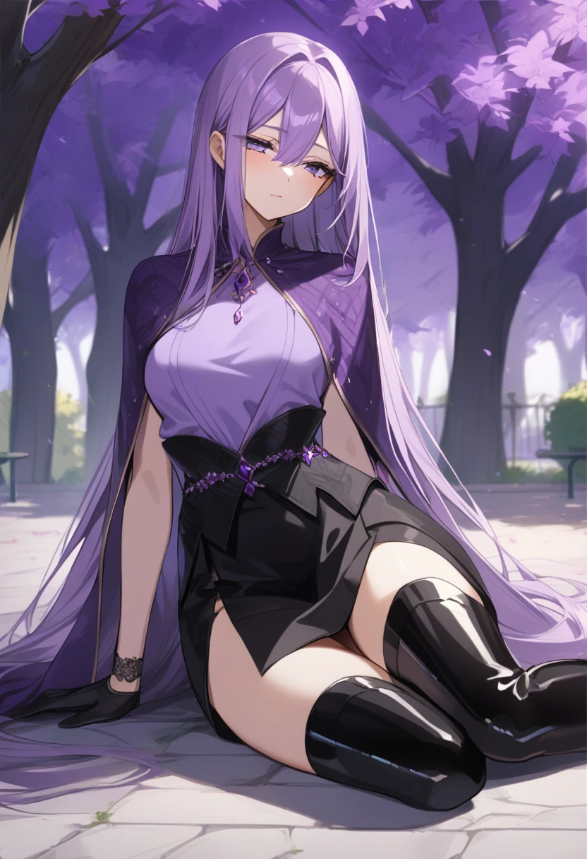 mfant, score_9, score_8_up, score_7_up BREAK source_anime,1girl,solo, anime screencap,smile,collarbone,puffy lips, long hair, breasts, looking at viewer, thighhighs, night sky background, jewelry, medium breasts, sitting, purple eyes, purple hair, earrings, horns, pointy ears, bottomless, painted nails, edgTF, jewelry, flower, wide sleeves,short skirt,heels,