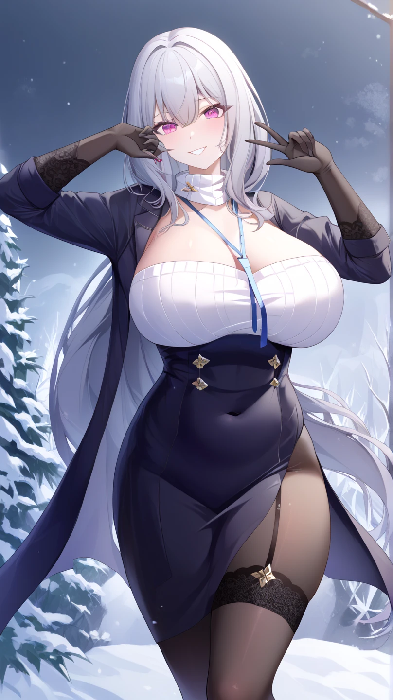 (highres), (absurdres), (best quality), (high quality), (masterpiece), 1girl, shenhe \(genshin impact\), long hair, silver hair, large breasts, arms behind back, (playboy bunny), leotard, black thighhighs, rabbit ears, hair over one eye, single braid, rainbow eyes, underboob, jewelry, looking at viewer, hair ornament, tassel earrings, fantasy, outdoors, storm, snow, snowing, ice, doing sex, a woman is riding a big cock of white male student, hard cock of white male student,