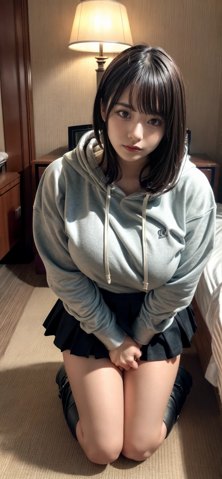 masterpiece, best quality, illustration, Super detailed, fine details, High resolution, 8K,wall paper, perfect dynamic composition,(Details High quality, realistic depiction of eyes:1.3), Oversized Light Grey Hoodie, Erotic Shorts, Lying down, black hair color, Big Natural Color Lip, bold sexy pose, perfect body shape, crying a little、Harajuku style、20 year old girl、cute type、lolita、beautiful legs, hotel room, hposing Gravure Idol