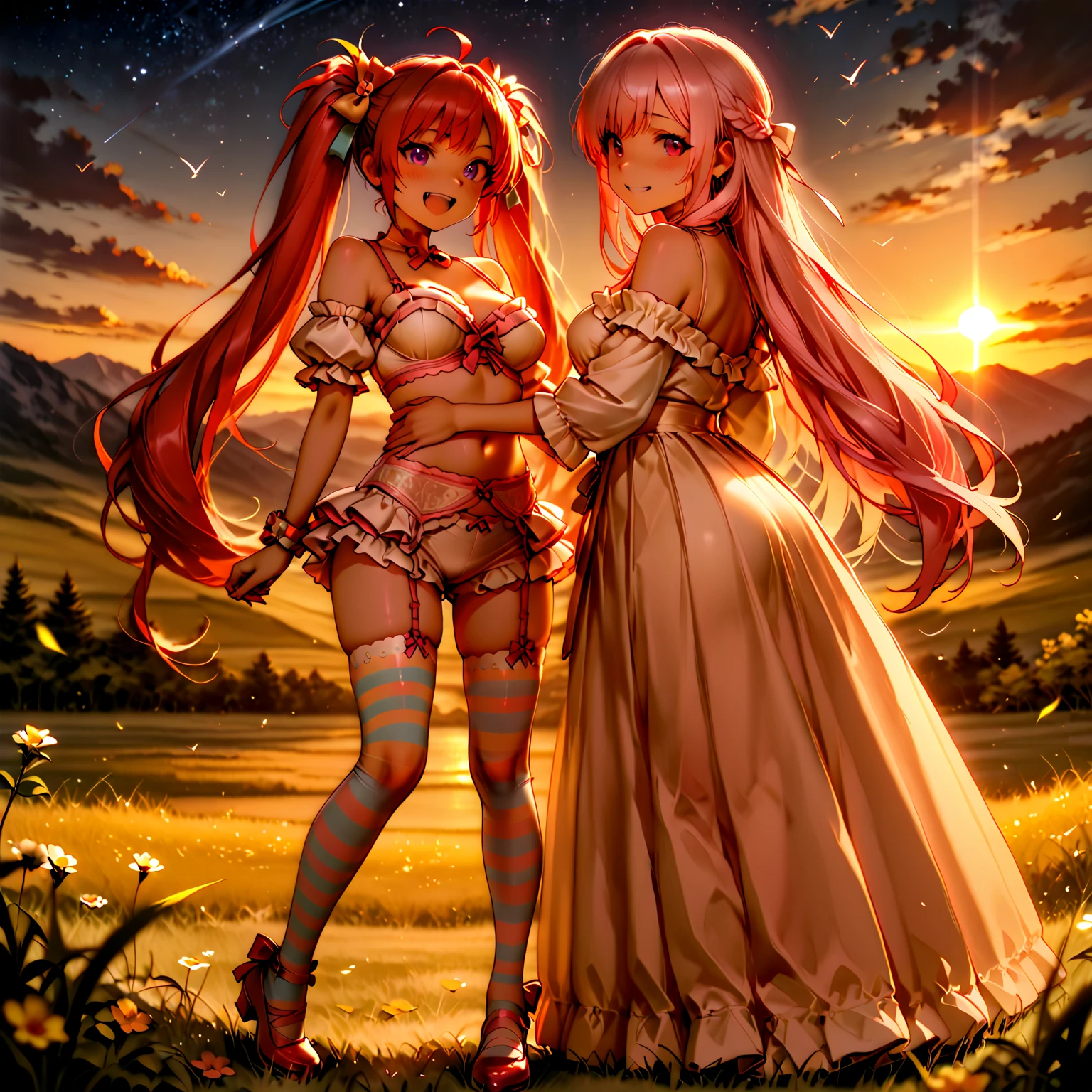 Masterpiece, stunning realistic, best quality, Sharpness, 2 girls, lying on top of each other, kissing on water, large breasts,, tongue kiss, closed eyes,full body (2girls, Zelda), short tight dress, sleeveless, outdoors, cityscape,road, heavy rain,storm, dusk,dawn, twilight,sunset, full body, soaking wet, sensual body, closed eyes, (silhouette:1.2), wet ground, full scale portrait, total body