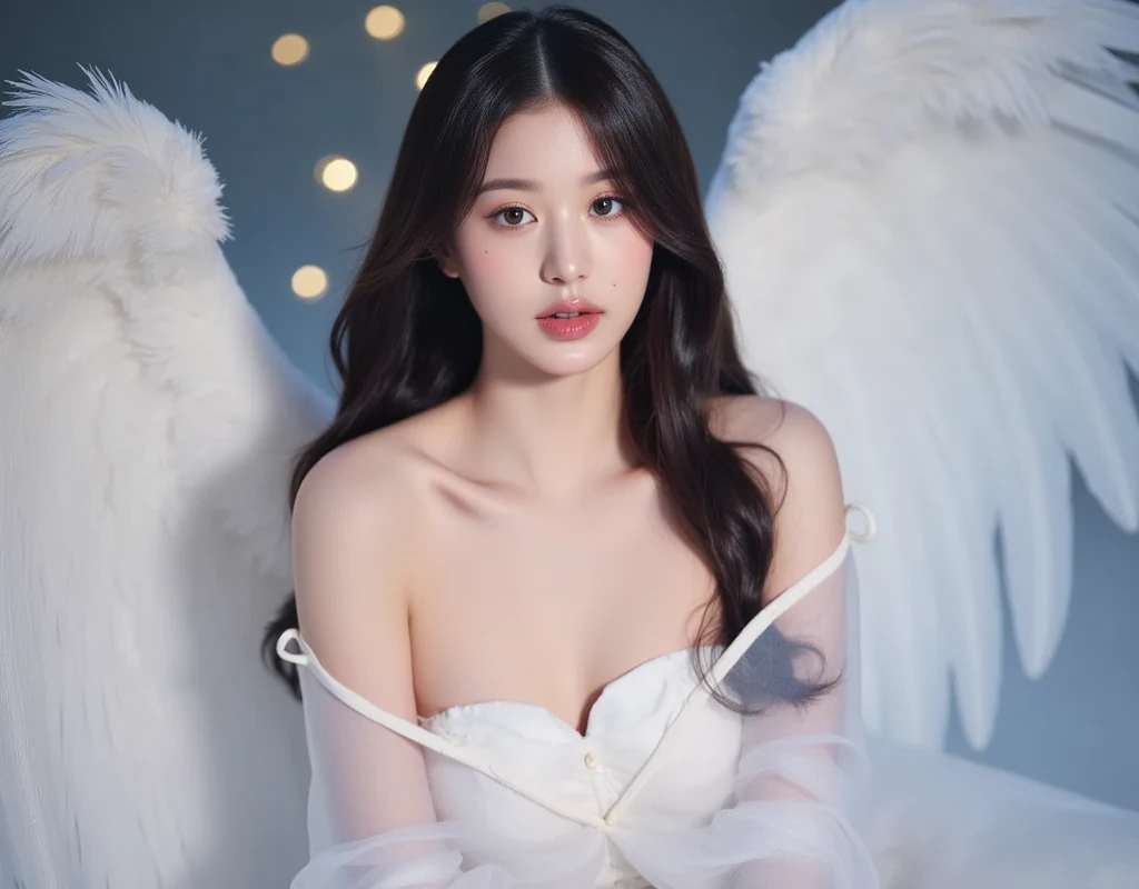 ((((NSFW))))、High resolution、(In detail)、Highest quality、masterpiece、Anatomically correct、(A young, naked 16-year-old angel: 1.5)、(She has white wings on her back)、Super cute girl、Lying on your back、Knees up and legs apart、I can see the vagina、My nipples are erect、((Big Breasts:1.5))、((Feeling facial expression))、Sweaty and flushed skin、bright midsummer sunshine、Shallow marine blue sea、A large bed floating in the sea、Black medium-long hair、Sex、