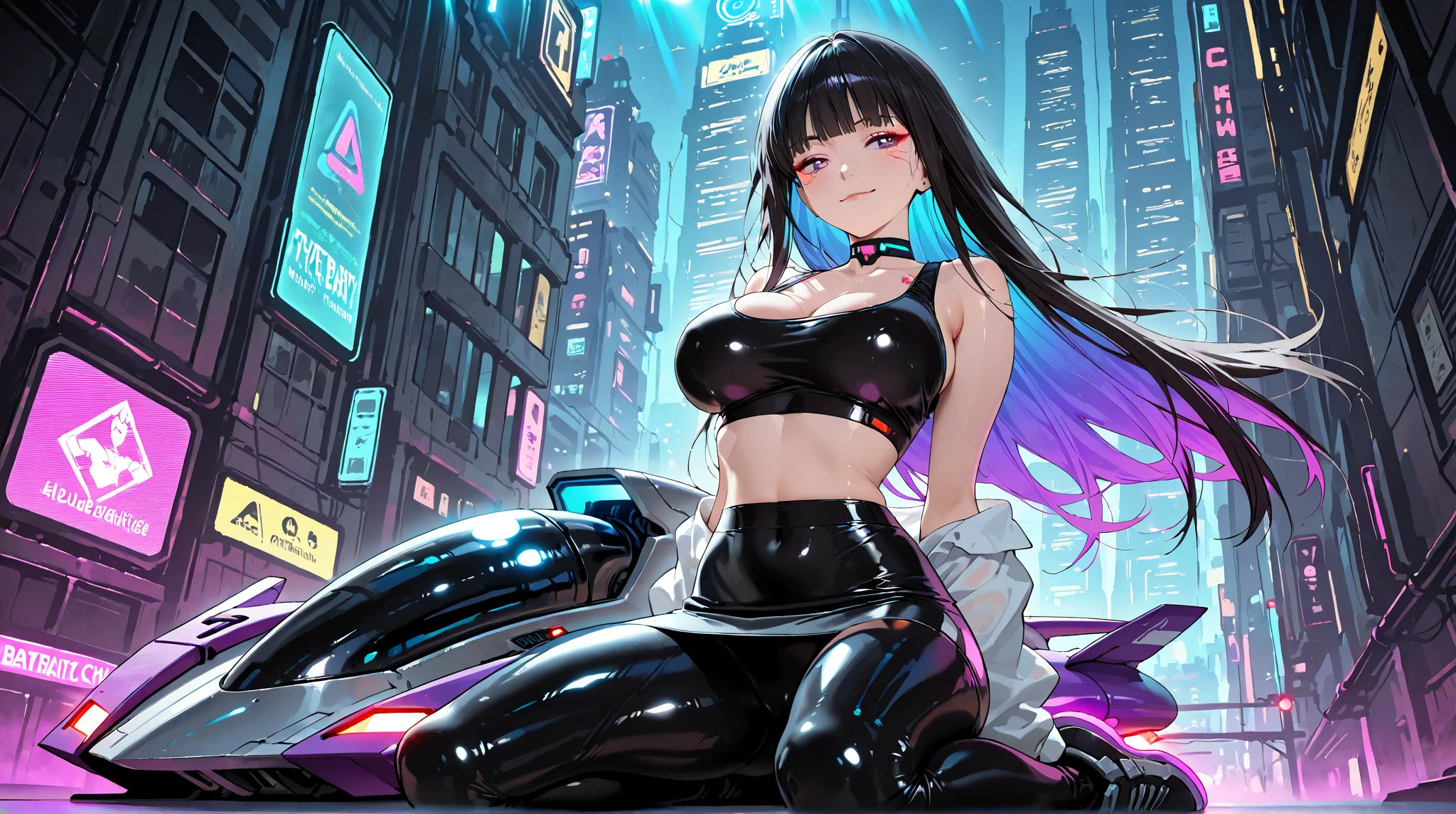 (An exquisite cyberpunk anime masterpiece illustration, showcasing an extremely delicate and beautiful cyber girl, with a very detailed and exposed face, accentuating her machine member, where tube connections subtly attach to her neck (1.2), accompanied by an intricate mass of wires and cables on her body. She is boldly dressed in a vibrant Harajuku tech jacket, adorned with a distinct logo, as she gracefully assumes a dynamic pose. Behind her stands a futuristic motorcycle, while the night sky, filled with smog, illuminates in the background – a true work of art and science fiction in hyper-detailed, ultra-high resolution (