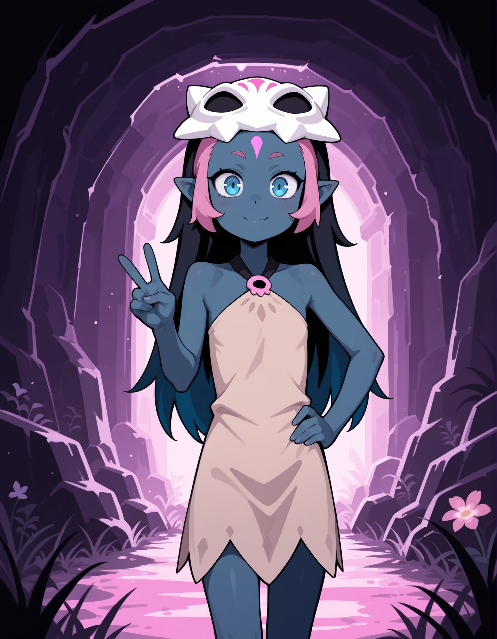 best quality, absurdres, CWITS, short beige dress, halterneck, bare shoulders, sleeveless, mask on head, mask, skull, blue eyes, blue skin, pink hair, forehead mark, pointy ears, black hair, two tone hair, 1girl, solo,slim,blue hair,long hair, inside a cave, purple lights,pink rocks,grass, flowers,solo,v,hand on hip,looking at viewer,ruins