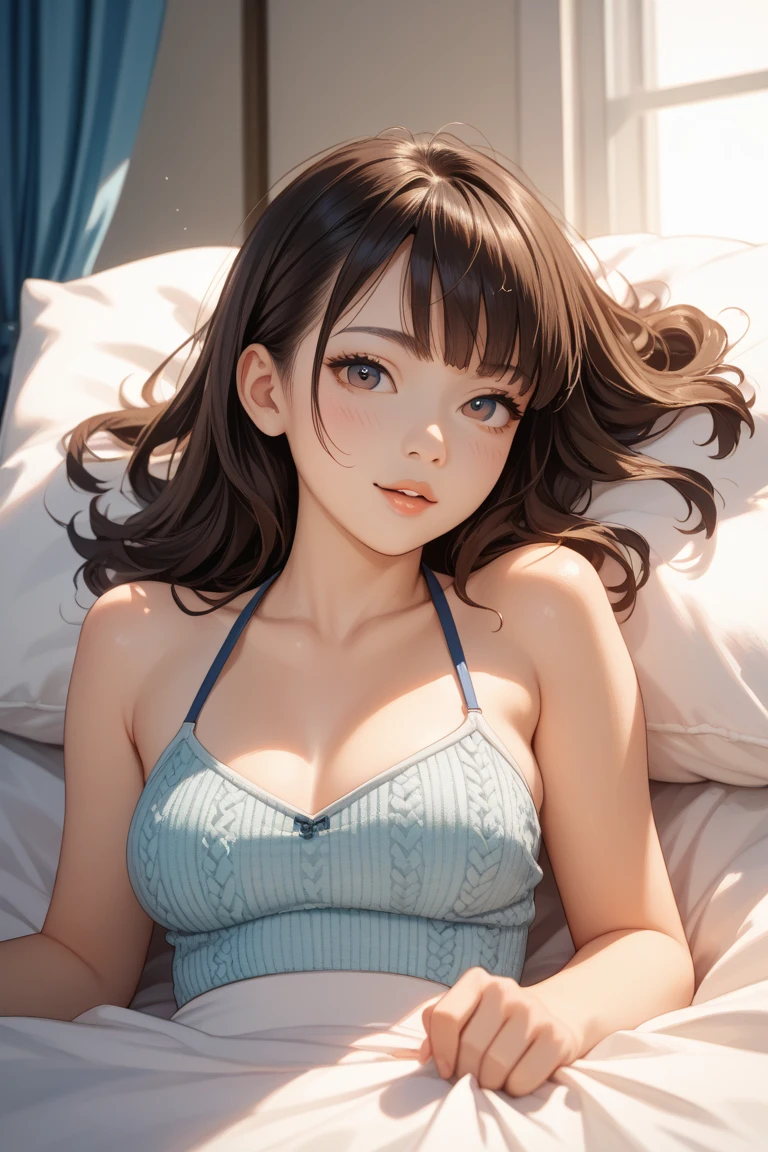 ((((highest quality)))), (((Ultra-precision CG 16K))), (((masterpiece))), (((Very detailed))), (((Extremely detailed))), (((Black outline:1.3, Written boundary depth:1.3 , Written soft outline))), Maximum clarity and sharpness,Multilayer Texture, Surface Shading, Cinematic lighting, Beautiful details sparkle ,Perfect Proportions, Limited to three woman, BREAK accurate, Anatomically correct, Highly detailed face and skin texture, drawn in detail, Highly detailed facial and skin texture, Detailed eyes, beautiful hair, Beautiful Japanese Idol face, Beautiful and beautiful eyes, Beautiful body, Beautiful breasts, Beautiful thighs, Beautiful legs, Beautiful fingers, (Beautiful views) , skinny body, ((Beautiful Skin)), ((Skin Texture)) , solo, limited one girl BREAK breast enlarged, medium Breasts, rocket breasts, (((perky breasts))), ((covered nipples)), slender waist, (smiling , narrow eyes, brown eyes, blush, determined expression, hot, sweaty , Heavy breathing,) BREAK ((streaked hair, hair intakes, colored inner hair, several hairstyles )) BREAK (((wearing oversized character printed tank top, wearing Jersey in a casual way, wearing pleats mini-skirt , breasts is covered by outfit))) , wearing earrings, BREAK ((( a woman in the bedroom, ((lying down on her back on the bed)), put her hand on her forehead, looking at viewer ))),
