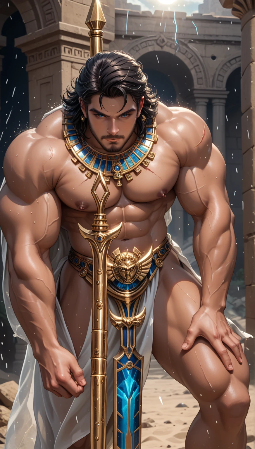 (超A high resolution:1.2),1 man, Middle-aged man, Solo, (Ultra-detailed eyes:1.2),(hyperdetailed face:1.2)、Sunburned skin, muscular, Hairy body, Muscle Man, tall, hunk, big biceps, Abs, Big thighs, broad shoulder, Open chest, (exotic handsome:1.2),facial hairs, (so short hair:1.2), (wear egyptian clothes:1.2), (exotic sensual clothes:1.2), In front of the pyramids, backdrop of pyramid, ancient egypt atmosphere, viewer looking, High resolution:1.2, Best Quality, upperbody shot, Flat style, Low camera angle, Volumetric lighting, depth of fields, Huge crotch bulge, Full body, (Sexy clothing:1.2), See-through underwear, Transparent underwear, ancient egyptian facial features, NSFW, sitting on,large full breasts、pubick hair