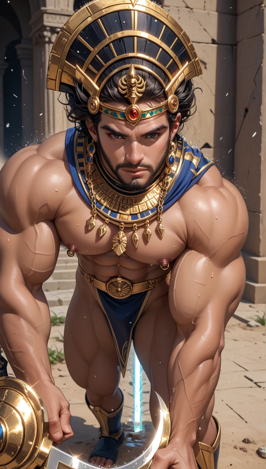 powerful warrior, chest baring, The lower body is bare from thighs to feet, Gorgeous long curly hair, Meticulous muscle definition, Photorealistic rendering, 4K 分辨率. Background: Ancient Egyptian temple complex,32k ULTRAHD, Best quality, Masterpiece, Super detail, High details,bareness,Exposing the