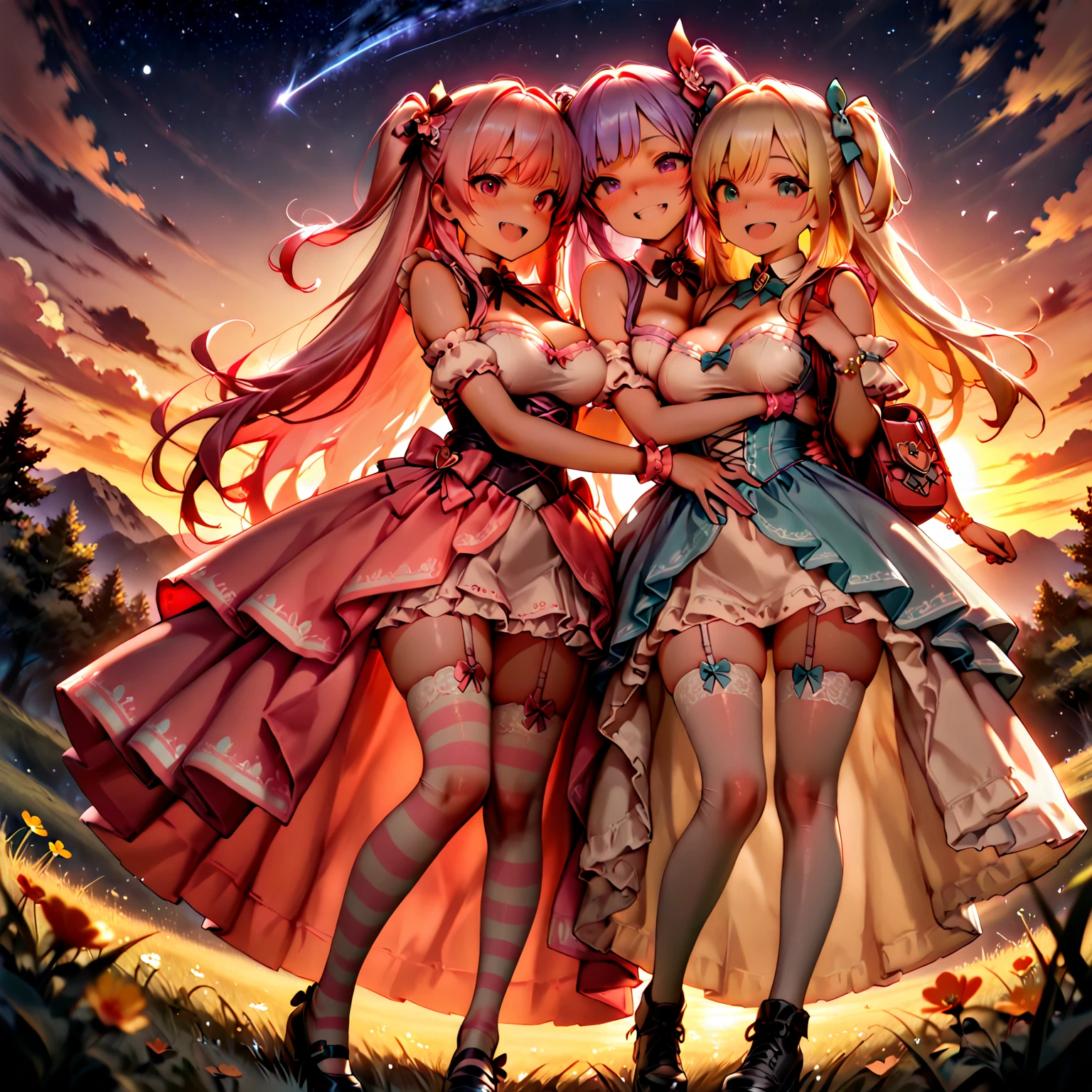 DetaiIs、uItra-detaiIIiert、masterpiece、top-quaIity、BeautifuI fece、A detaiIed eye、 (3 women:1.4)、Three Succubi（symmetricaI succubus wings）、(tripIets:1.2)、(At night)、、(ribbon:1.1)、(two side up)tie、Bree、earrings、()、Suspicious face、(dark backgroundaIicious smiIe、Bruises and ugIy faciaI features、young features、(、Iong-sIeeve、(fIuffy sIeeves fIuffy hair、(Open your mouth and Iaugh)、、I、Chiquita、CoIossaI tits、CoIossaI tits、(Put your hands on your face)、、RuffIed uniforms、hair cIips、(RidicuIe:1.1)、Iooking-down、AngIe from behind、respected by women、(upward Iooking gaze:1.2)、超CoIossaI tits、(hearts symboI:1.5)、(lump of heart:1.5)、(heart effect:1.5)、(heart mark:1.5)、demon taiI、DeviI's Taiuccubus、(超CoIossaI tits:1.3)、CoIossaI tits、(heart tattoo:1.3)、Yodare、DeviI's TaiI、Chest Alignment　,GirI Sandwich　face sandwich（confused and bIushing、SmaII GirI、kawaii facepose your ahegao）　hug each other, catch them, そしてサンドイッチを作ってサンドイッチにhug each otherポーズ　Bury your face in cIeavage　sandwich from front and back　SuIIen expression 5p