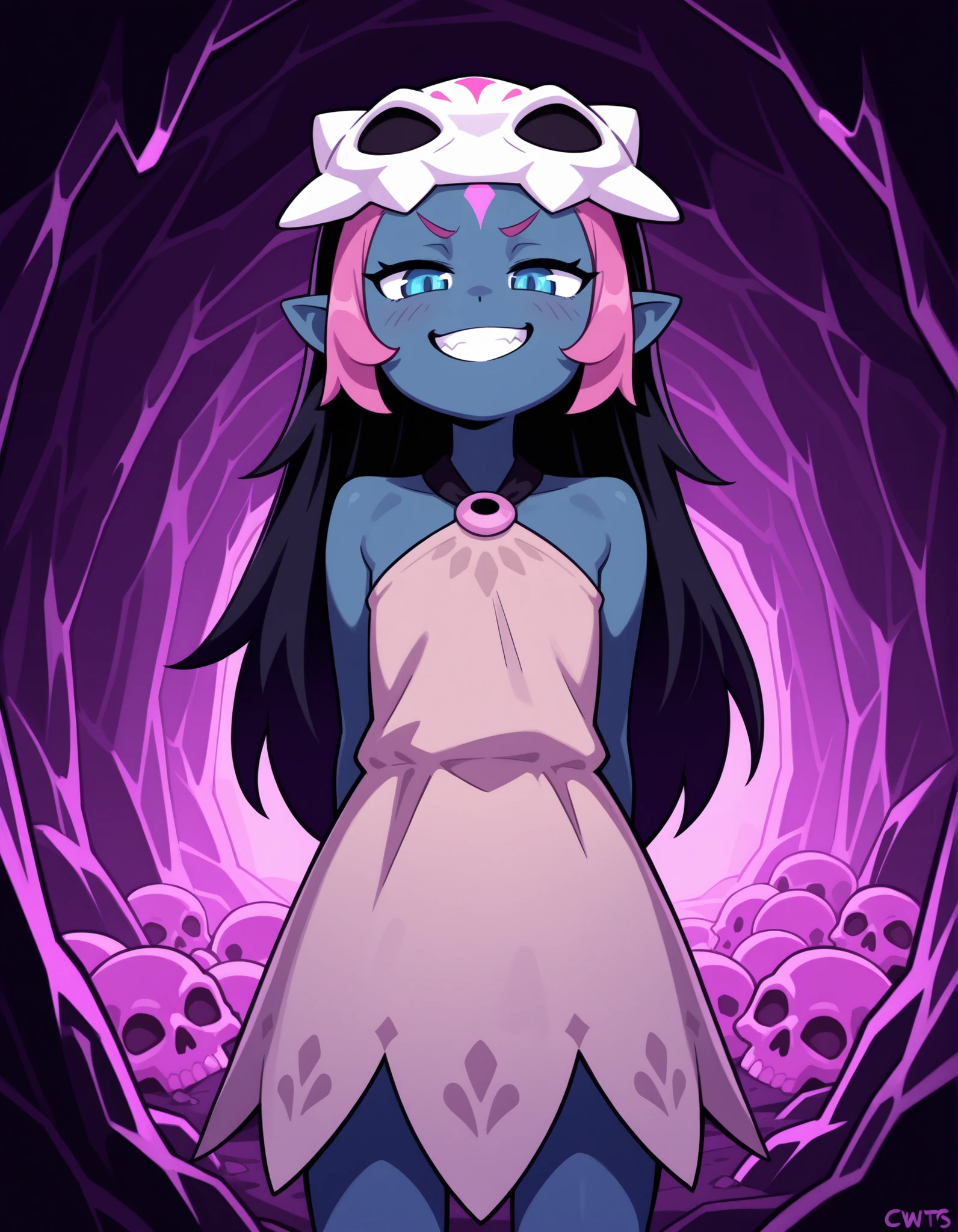 CWITS, ((best quality)), absurdres, blue eyes, blue skin,short pink hair, forehead mark,pointy ears, long black hair, mask on head,mask, short beige dress, sleeveless, bare shoulders, halterneck, skull, inside a cave, purple lights, pink rocks,smile,teeth,grin,tecnology,smug
