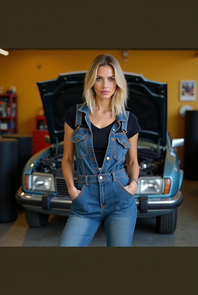 photorealistic woman, age 25, European, blond long hair, busty, no shirt,in grey open dungarees with "VW" Logo, worker shoes, raw photo, cinematic material,high detailed, high quality, facility background