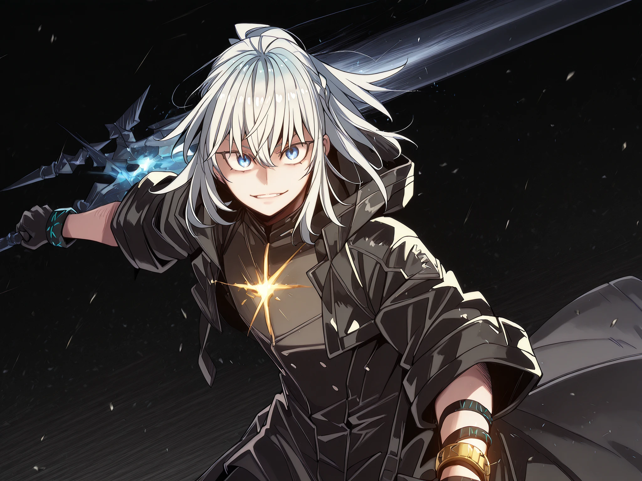 alone, 1 boy, and short, small character, short character, Character 1.50 meters tall, and short, young character, character with male body of Vanitas from "Vanitas no Carte", male character;
sparkling white hair, the character's hairstyle must match that of Uchiha Sasuke, long bangs, cabelo preso em longo rabo-de-cavalo;
The character's face must be the same as Hill from "Lilith's Cord", striking blue eyes, provocative face, provocative smile, perfect and beautiful face;
perfect anatomy, black military tactical clothing, tight to the body with gold details, Lucifer/Lucio style from Granblue Fantasy (military tactical black), exposed arms, short body, exposed arms and shoulders, Dusk's black coat from "Arknights", coat falling down the arms, black gloves covering the entire arm with golden bracelets on the wrists;
holding a large and giant greatsword completely black, greatsword longer than the character's height, black blade;
black background, attack position (holding a large and giant greatsword completely black, greatsword longer than the character's height, black blade), black military tactical clothing, tight to the body with gold details, Lucifer/Lucio style from Granblue Fantasy (military tactical black), exposed arms, short body, exposed arms and shoulders, Dusk's black coat from "Arknights", coat falling down the arms, black gloves covering the entire arm with golden bracelets on the wrists;
Flashy pose, looking at the observer, provocative smile, confident, character is a young age boy,
character is a male character, similar height to Rimuru Tempest;