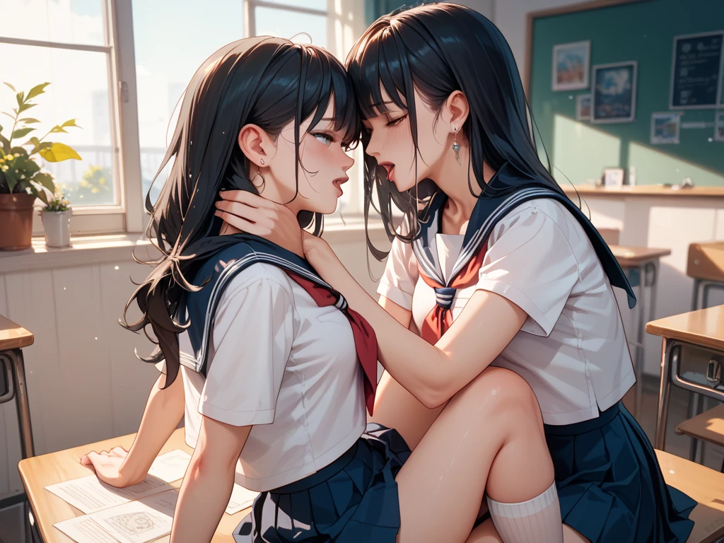 Cinematic shot, Masterpiece, 2 beautiful females teacher and school girl sitting on each other (arm on neck choking:1.2), pushing head down towards hips, hand under the skirt, masturbating, school girl, slim