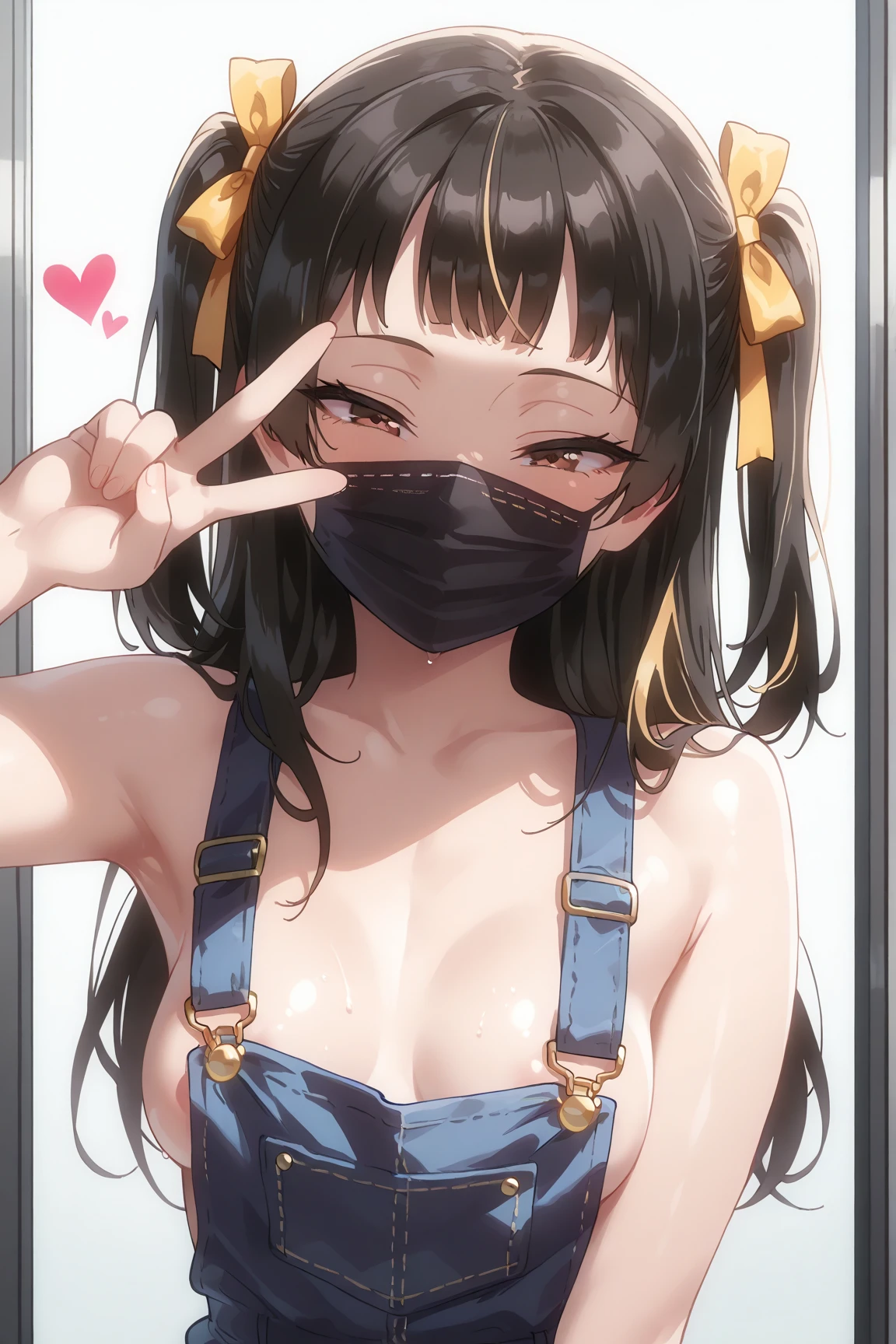Anime girl in lingerie takes selfie with mobile phone,, wearing bra, mobile phone in front of covering face, one hand on own chest, lifted by self, shirt lift, white background, head out of frame, white background,