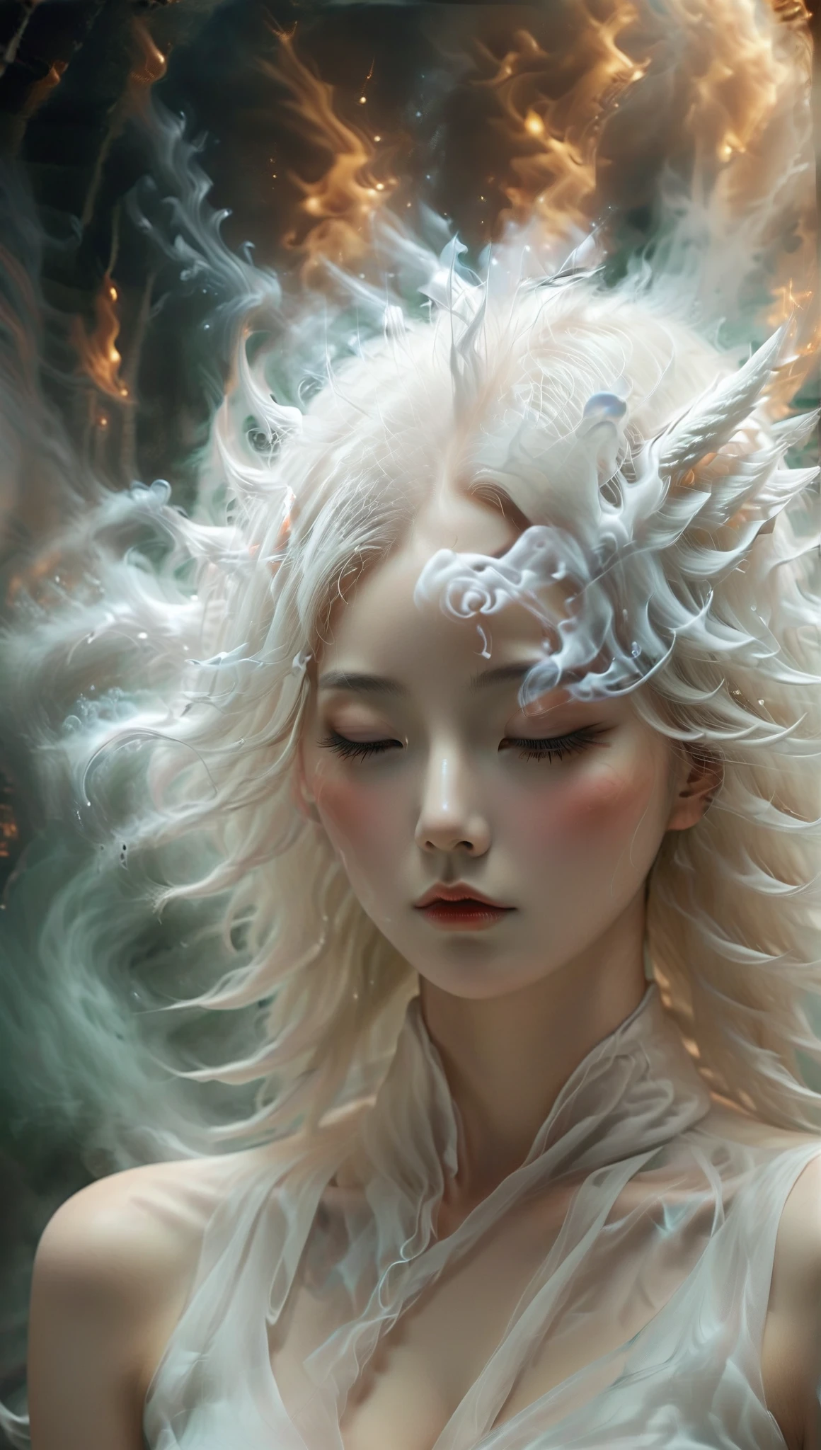 Abstract style hauntingly ethereal portrait of a mysterious figure draped in translucent fabric, crystals adorning their hair, amidst a dreamlike swirl of pastel hues and soft light, evoking a sense of calm serenity and elusive beauty, high detail, award winning masterpiece with incredible details . Non-representational, colors and shapes, expression of feelings, imaginative, highly detailed