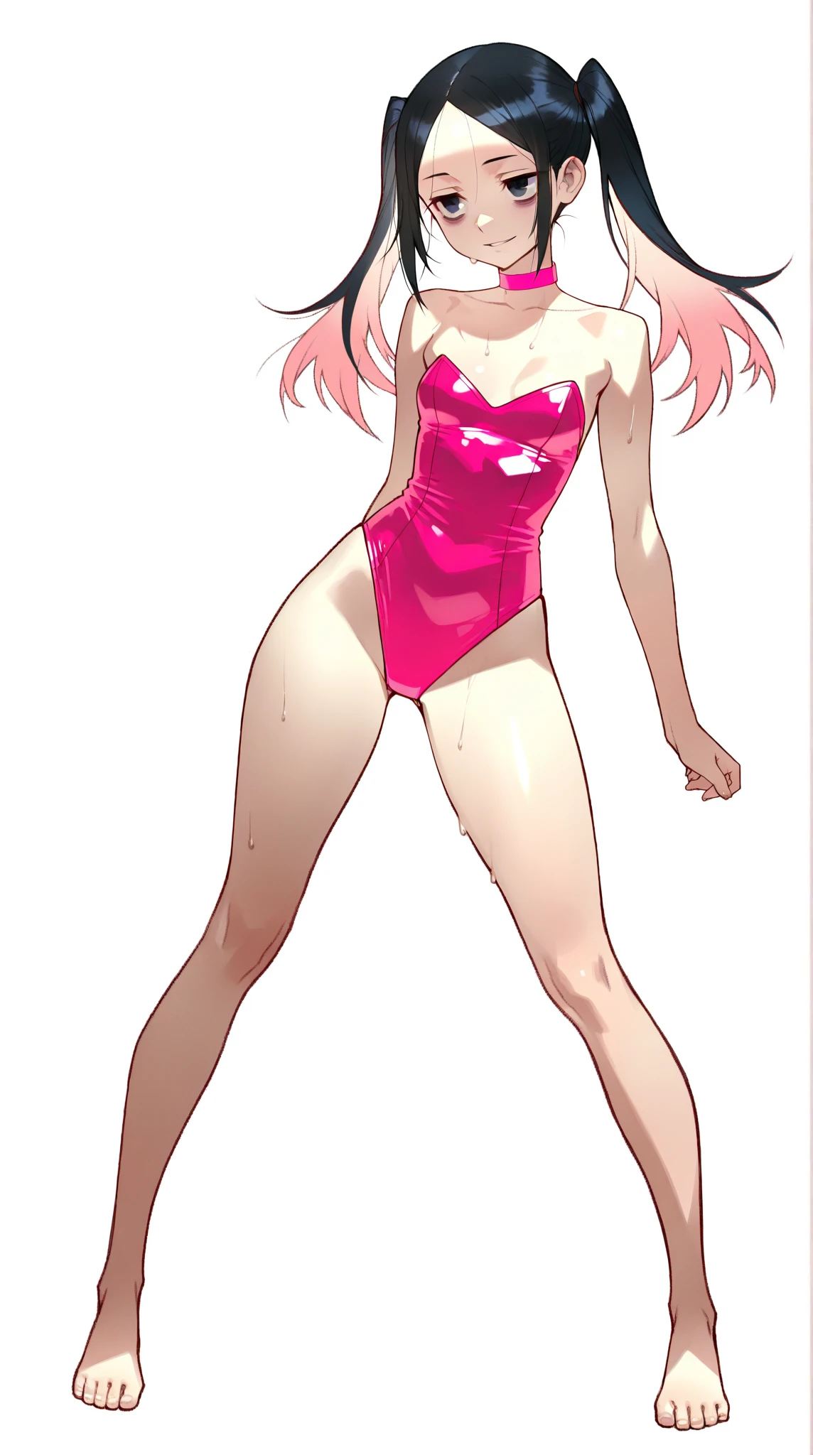 Anime girl with pink hair and rabbit ears with a pink leotard, pink eyes, shy blush,uncovered legs,uncovered thighs.full body, barefoot, feet,