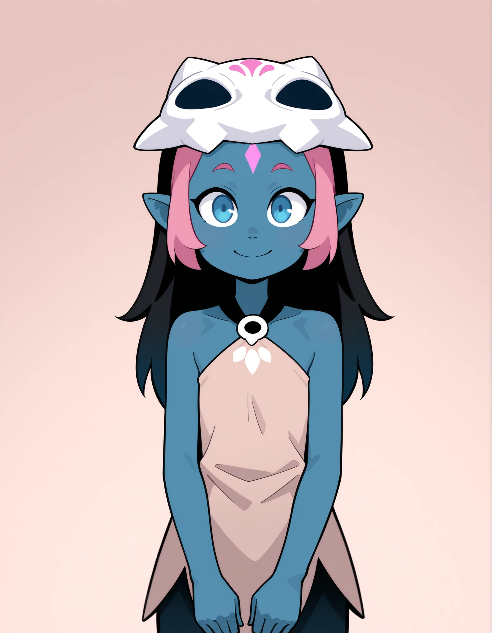 CWITS, Coqueline, blue eyes, blue skin, pink hair, forehead mark,pointy ears, black hair, two tone hair,long hair, barefoot, mask on head,mask, short beige dress, sleeveless, bare shoulders, halterneck, skull, 1girl, solo, facing viewer, looking at viewer, upper body, smile,