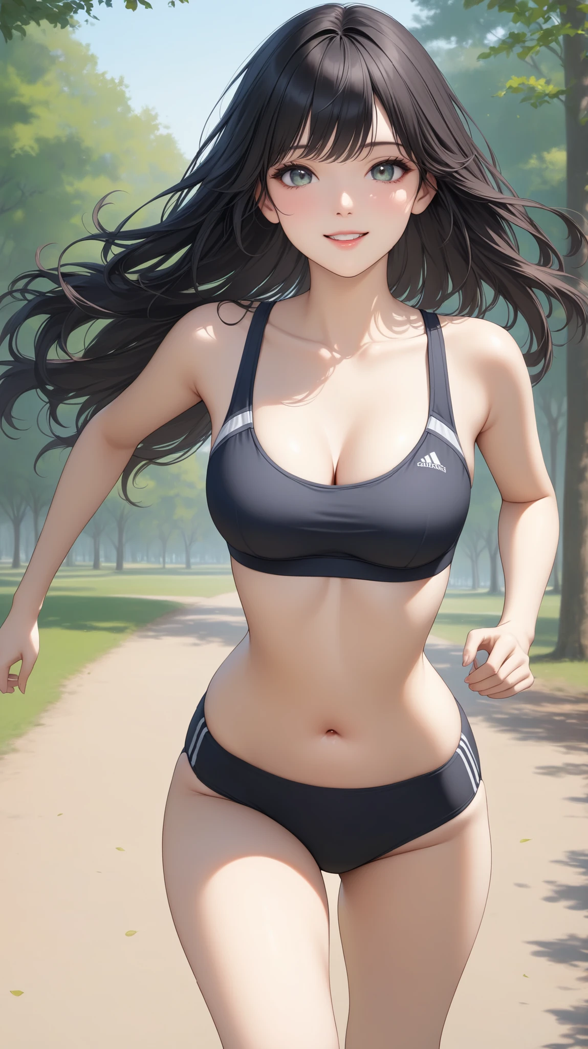 1 girl, black long hair in ponytail, sports bra, large breasts, cleavage, nipple pokes, running pants, running in park, realistic, photorealistic, high resolution, 8k, best quality, masterpiece, ultra-detailed, vivid colors, natural lighting, action pose, dynamic movement, athletic, sporty, fit, toned body, beautiful, elegant
