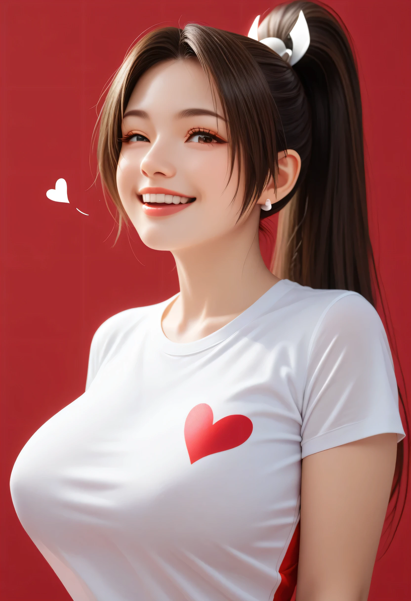 Japanese beautiful girl,   huge breasts, cowboy shots, half body，乳沟，低胸, ,earrings, smile
She stuck out her tongue playfully, , many little hearts, ，red  background, She winked with one eye, stuck out her tongue, and made a playful expression. one eye open, one eye close, ponytail, mai shiranui, tight T shirt, tight red T shirt, T shirt

