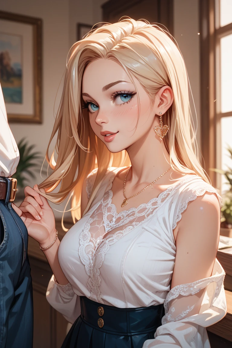 Un modèle 3D très détaillé dans le style Pixar d'une belle femme européenne d'une trentaine d'années. Elle mesure 1m70 avec une silhouette élancée en sablier. Son visage ovale est orné de cheveux blonds platine volumineux et ondulés qui tombent en vagues jusqu'au milieu du dos.. Elle a une frange latérale qui encadre son visage avec élégance. Ses yeux vert écume de mer envoûtants, avec leur grande forme d'amande, capter l'attention avec leur allure. Des cils épais rehaussent son regard, tandis que ses sourcils arqués blond clair complètent ses traits. Accentuer ses pommettes hautes, ses joues ont un aspect légèrement arrondi et rosé. Son petit nez retroussé, avec une teinte rosée, ajoute une touche de charme à son visage. Ses lèvres roses pleines en forme de cœur, avec une finition rose mat, dégage un look doux et invitant. De subtiles taches de rousseur parsèment sa peau, ajouter une touche de beauté naturelle. Compléter les traits de son visage, elle possède un menton pointu qui ajoute une touche d'élégance à son look général. Sa peau lisse a un fini mat, avec un léger rougissement sur les joues, rehausser son éclat naturel. Proportionné à sa silhouette, elle a une tête qui fait 1/8ème sa taille. Elle possède une silhouette de sablier bien équilibrée, avec une poitrine généreuse, Taille fine, et des jambes fines. Sa carrure athlétique lui donne une apparence confiante et équilibrée.. Elle est vêtue d'une chemise en soie blanche modestement boutonnée, avec des manches retroussées qui exposent ses avant-bras. Sa tenue est associée à un jean skinny taille haute bleu clair moulant qui accentue ses courbes.. Compléter son ensemble, elle porte des talons hauts élégants qui ajoutent une touche d'élégance supplémentaire. Avec son charmant sourire chaleureux et son allure confiante, elle captive tous ceux qui la voient.