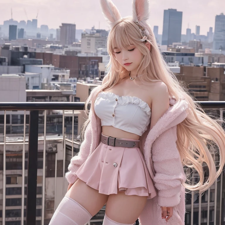girl with long blonde hair with pink ribbons, pink sweater vest crop top, black shorts, white knee high socks, white leg warmers, holding a plush bunny, in a dark street tunnel