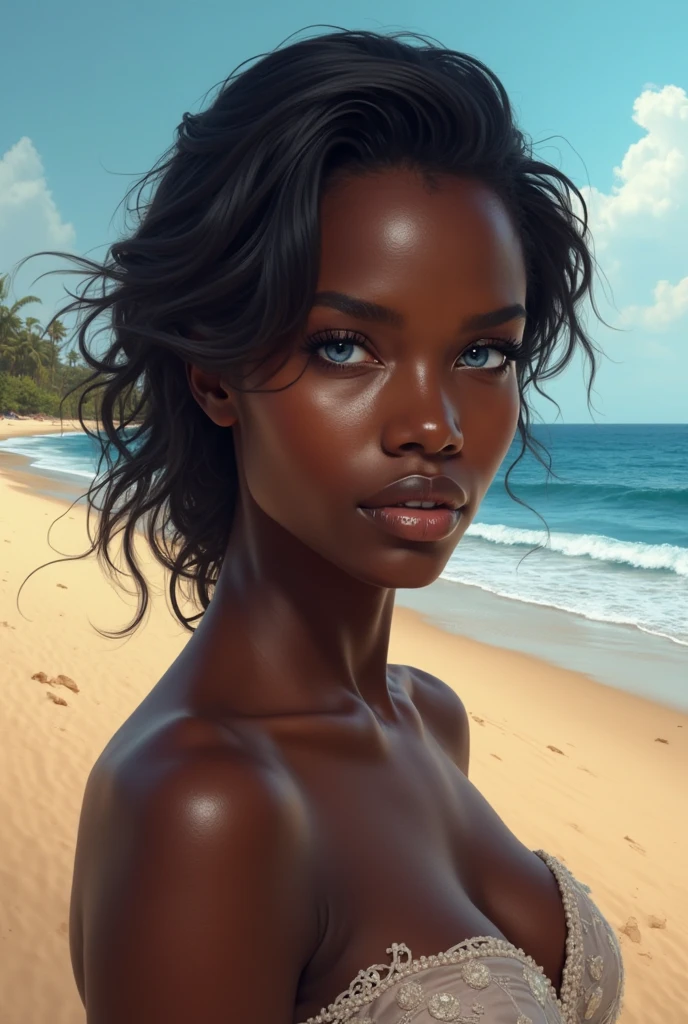 Realstic, 8k, 1fille, longs poils blancs noirs queue de cheval, africain, heterochromic eyes, moles under the eyes, thick eyebrows, bikini transparent, at the beach