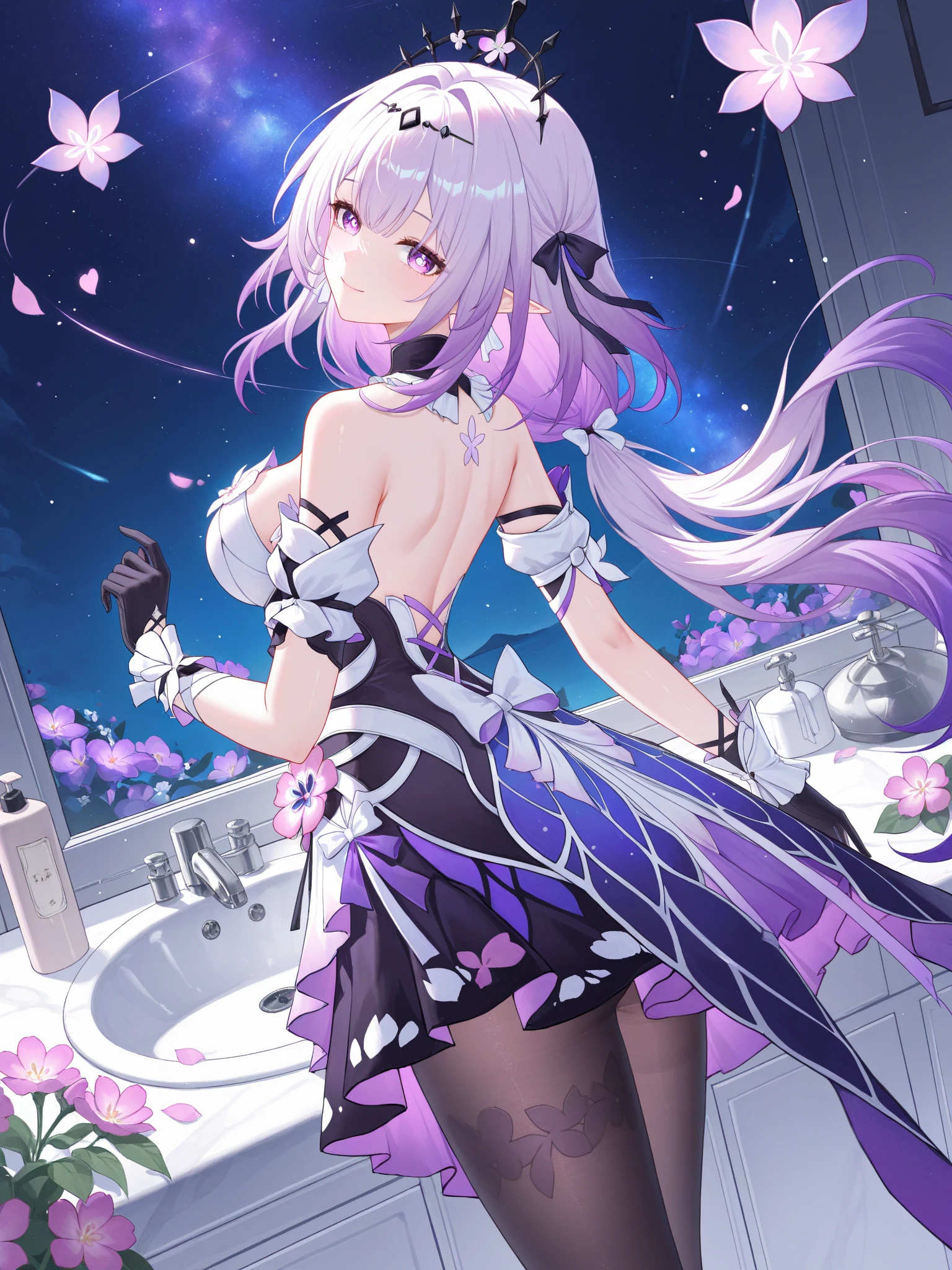 This character is a beautifully designed anime-like character with delicate features. She has long pastel purple hair that flows down to her ankles, and her bangs are swept to the side. Her eyes are large and expressive, with pink irises often seen on anime-style characters. She wears a fantasy-inspired outfit that combines purple and black colors with gold accents. The outfit includes a fitted bodice with a high collar, ruffles, lace detailing, and ribbon-knit thigh-high stockings. Characters are decorated with ribbon-like accessories, such as large ribbons in their hair and small ribbons in their costumes. She also has gold chains dangling from her hips and thighs. She is wearing a swimsuit, which often features frills and purple. It was midnight, and the darkness of the night highlighted the yellow stars. Her back is one-sided with angel wings.