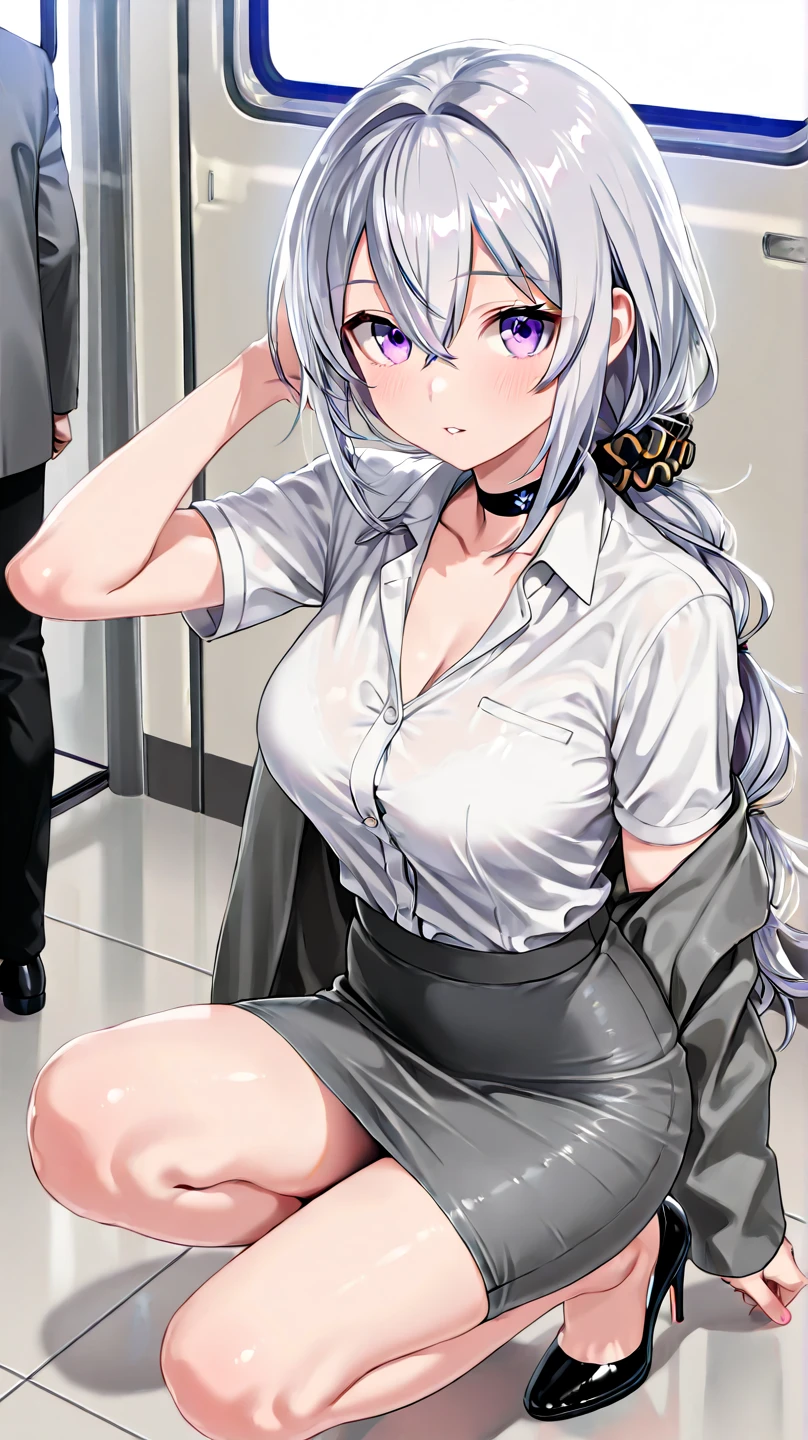 (Highest quality, High resolution, Very detailed), 1 female, Silver Hair, Long Hair, Reddish brown eyes, suit skirt, Nude, pussy, vaginale, ((pussy juice)), secretary, 24th generation, Beautiful woman, mature, thin, quiet, Calm, Large Breasts, A small smile, office,