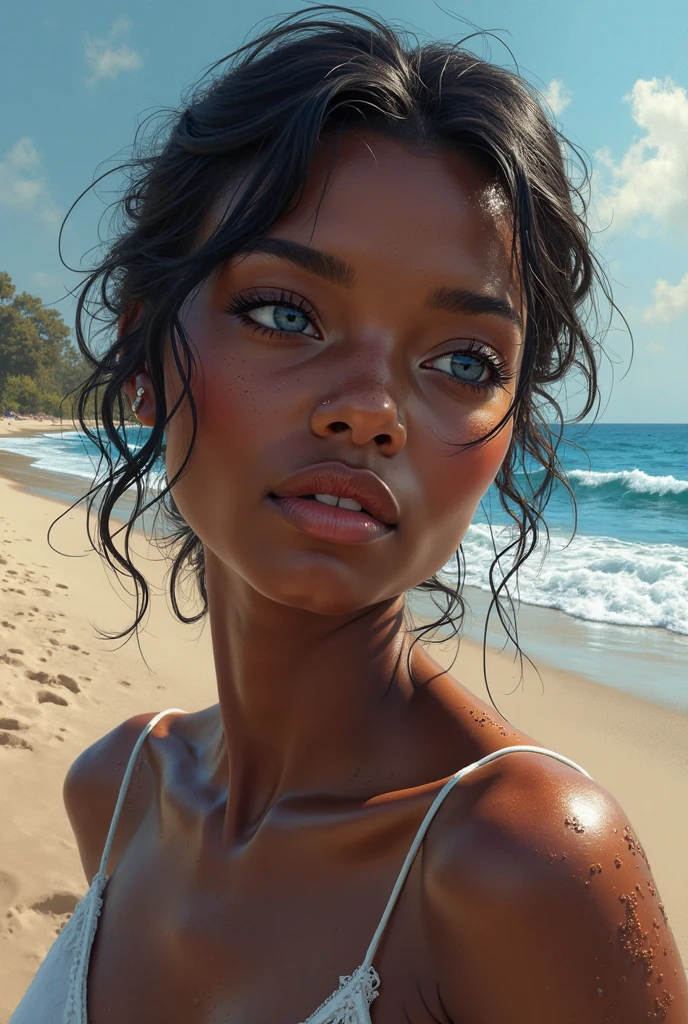 pele negra, 18 anos, aparencia jovem, cabelo com cachos bonitos verdes pretos bem definidos, beautiful and detailed natural pink full lips, olhos verdes claro detalhados e bonitos, piersing no nariz e na sombracelha esquerda, cropped verde claro colado no corpo, roupa de praia, corpo bonito, symmetrical face, de boa aparencencia, numa estrada beira mar, ao por do sol, sol brilhante de fim da tarde cor-de-rosa e laranja, crisp, bright seawater that reflects the sun, seagulls flying in the indigo sky, bonita, pose sensual