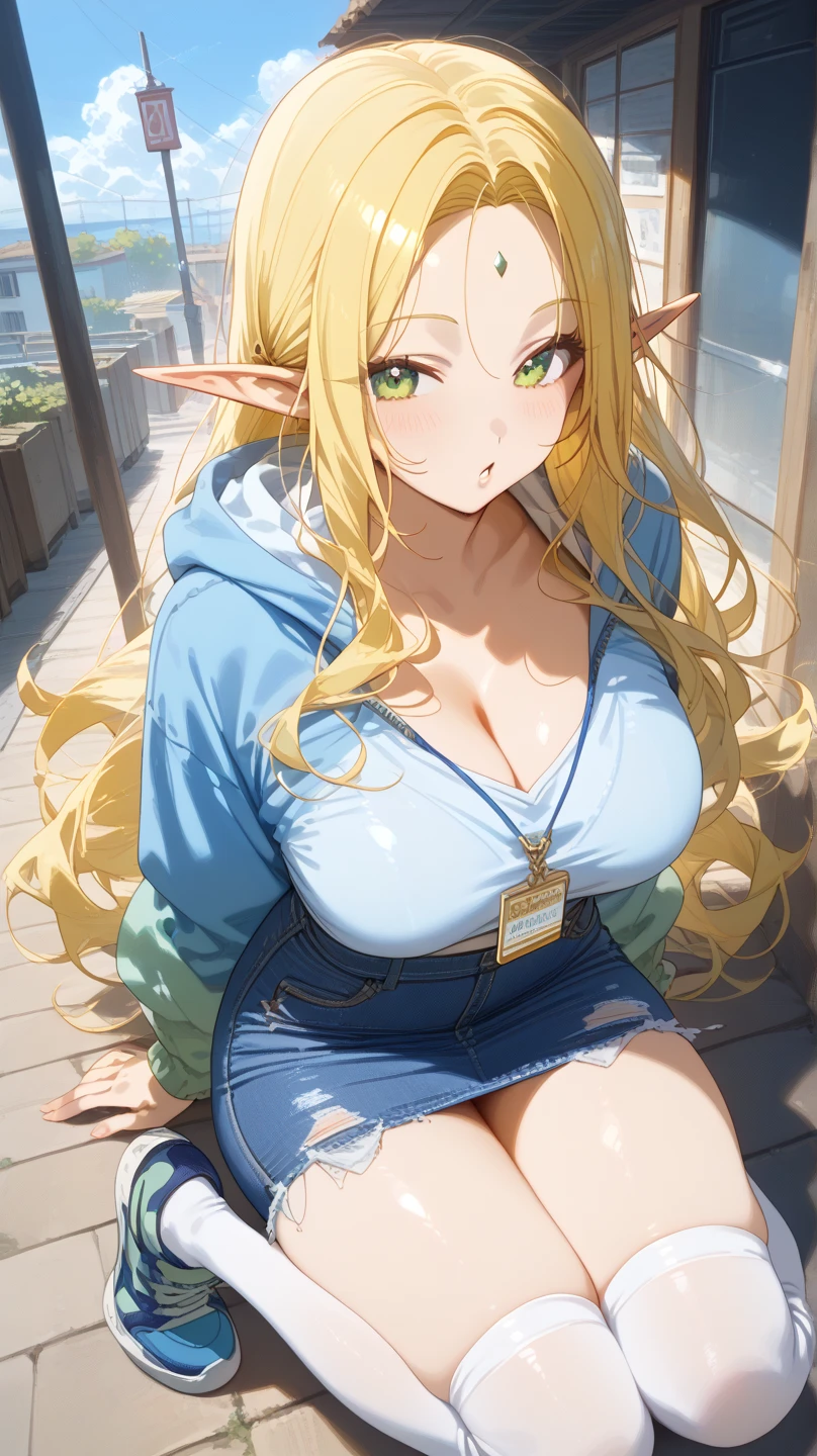 : A beautiful blonde elf with long hair and pointed ears wearing a partially unbuttoned white shirt and tight jeans., leaning on a rustic wooden door with one hand on her hip, revealing her toned abdomen.