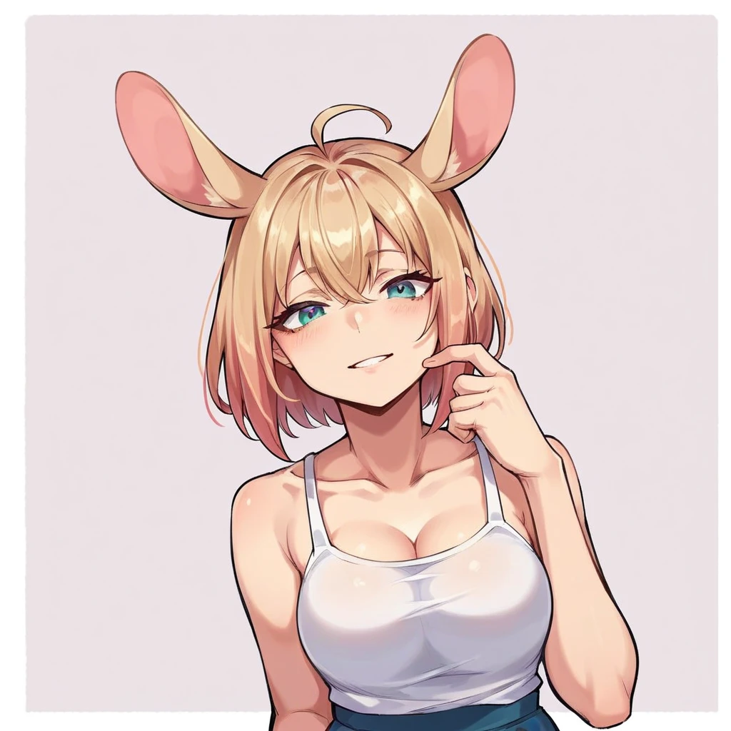 masterpiece, best quality, <lora:ringo:1>,ringo \(touhou\),1girl, floppy ears, solo, animal ears, red eyes, orange shirt, short hair, shirt, rabbit ears, blonde hair, pants, jacket, food, midriff, simple background, eating, hand in pocket, cowboy shot, medium breasts, breasts, open clothes, :t, collarbone, long sleeves