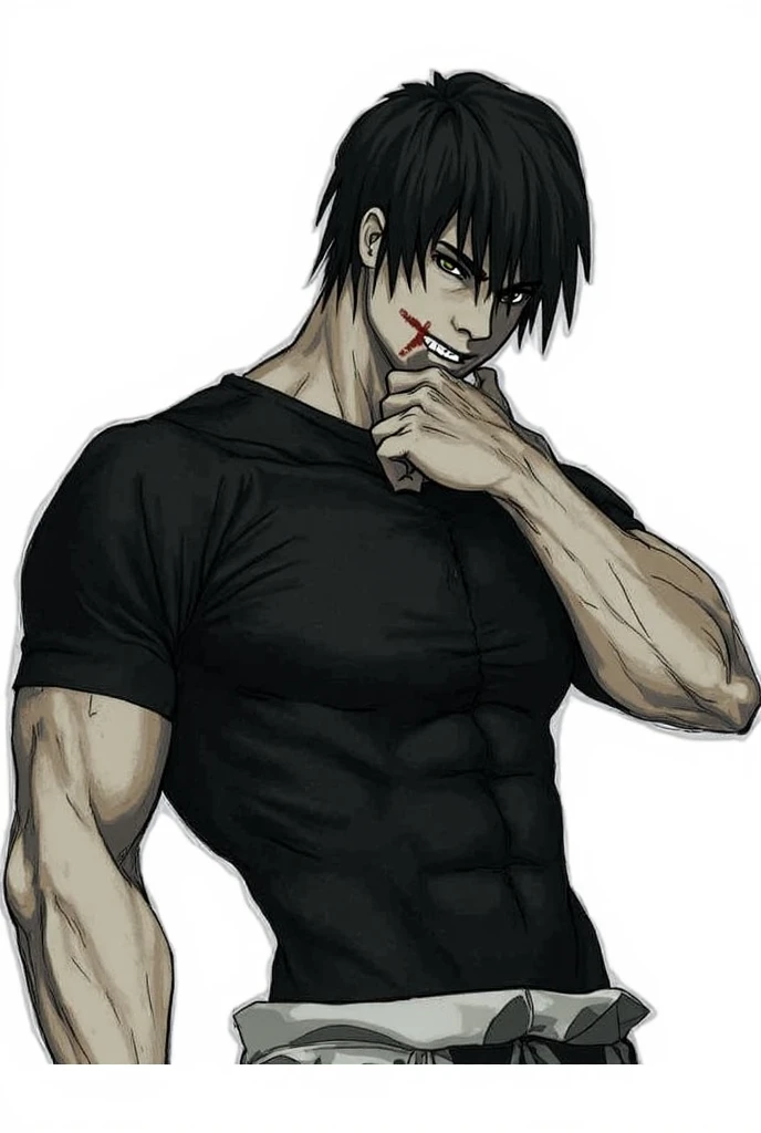 1 boy, sexy, mad, anime, shiny eyes, smirk, evil, bad boy, good quality, good anatomy, leather coat, gun, crazy, red eyes, evil smile, basement, dark illumination, red hair, villain